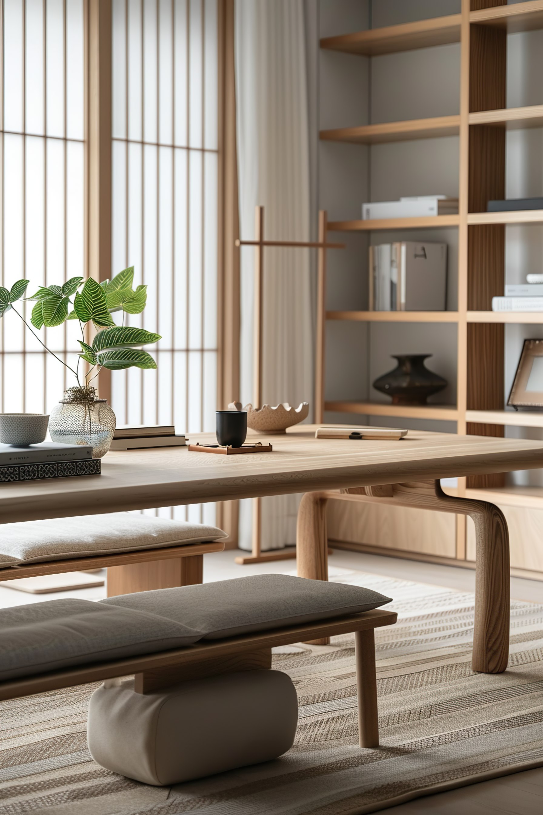 ALT: A serene Japanese-inspired living space with a wooden low table, floor cushions, and an elegant shelving unit, bathed in natural light.