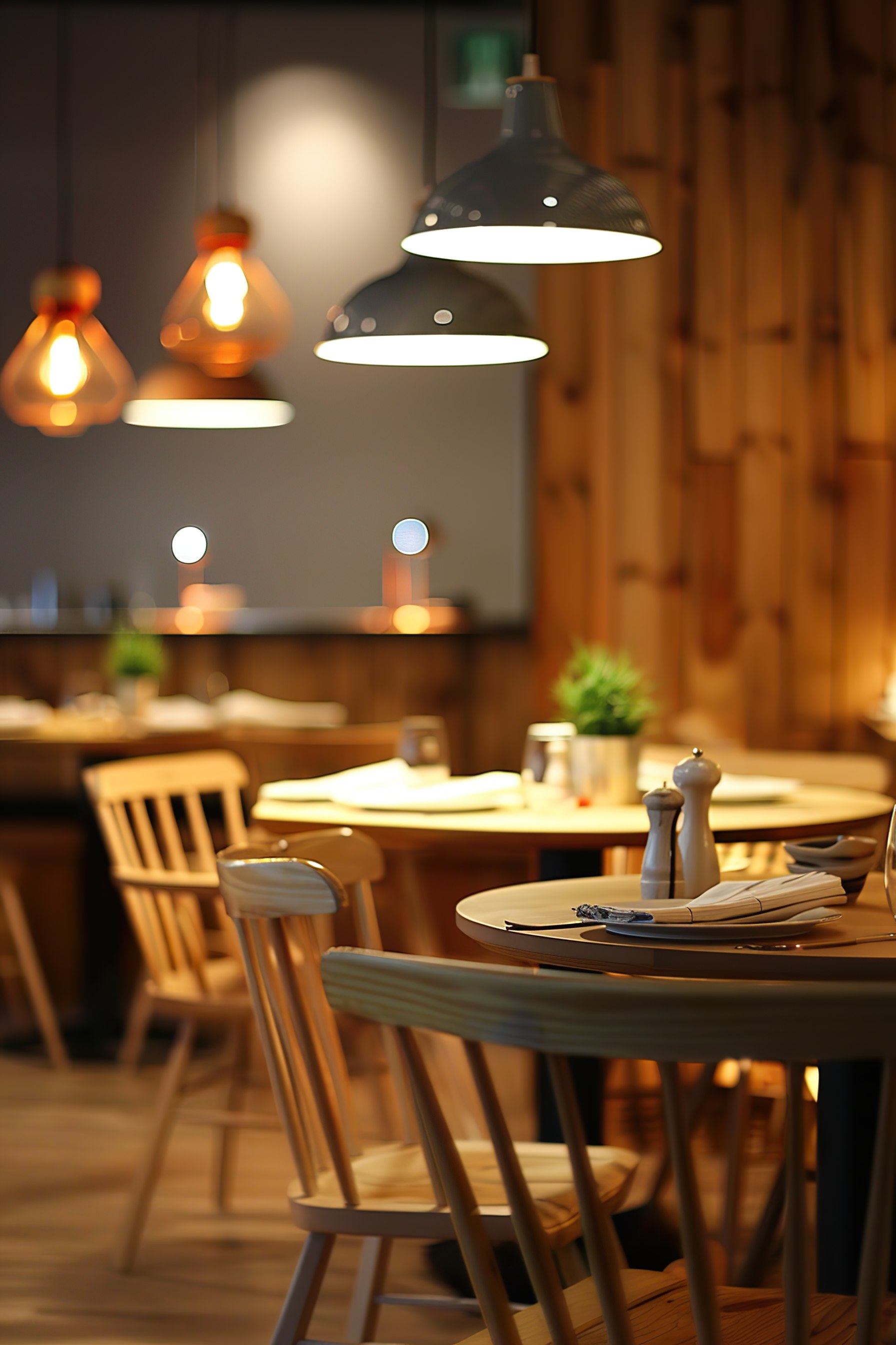 Warmly lit restaurant interior with hanging pendant lights, wooden chairs, and set tables creating a cozy ambiance.
