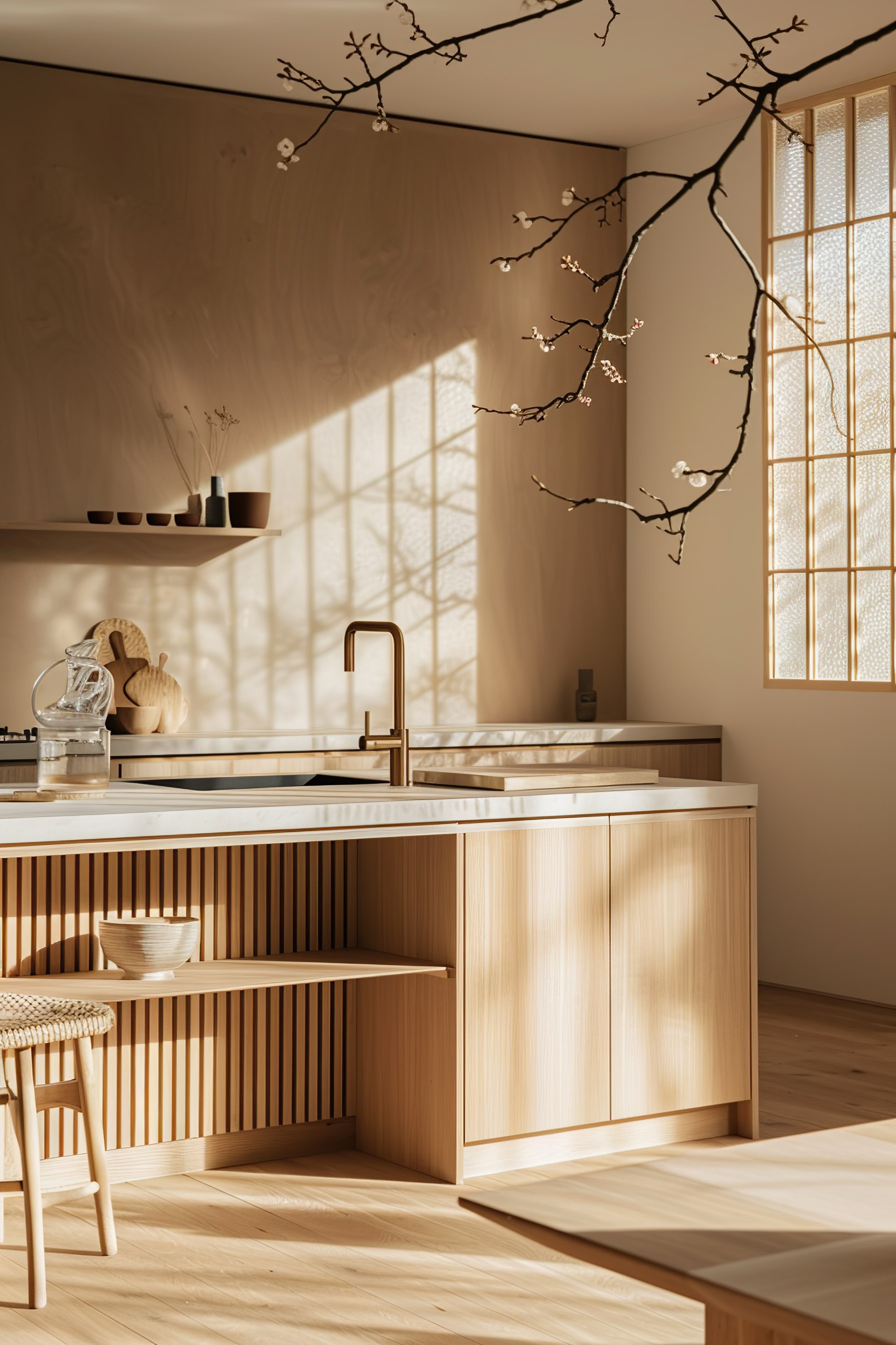 Modern kitchen interior with wooden cabinets and shelves, sunlight casting shadows through window, and decorative branch.