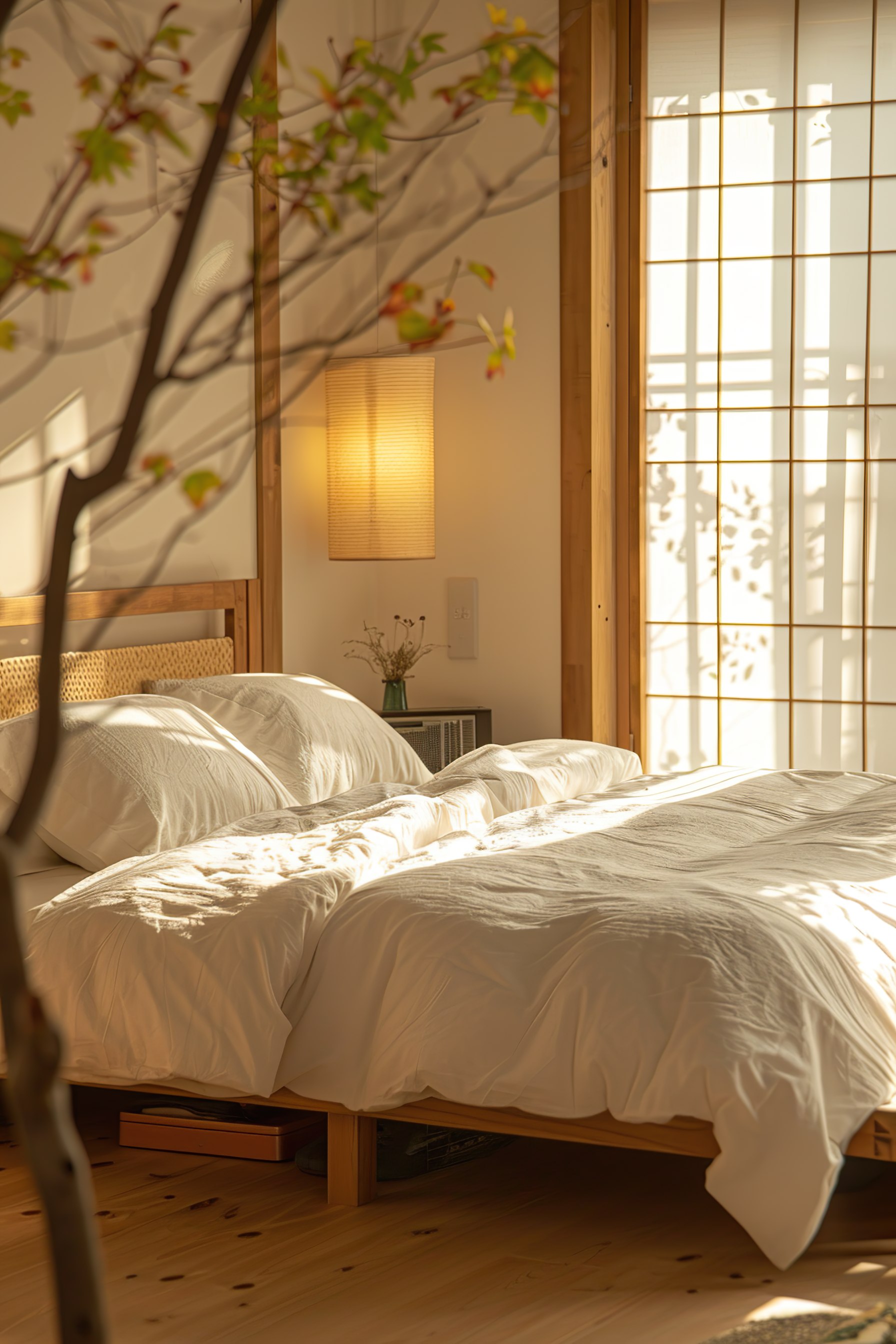 A cozy bedroom with a wooden framed bed covered in white bedding, warm sunlight streaming through shoji screen windows, and a bedside lamp.