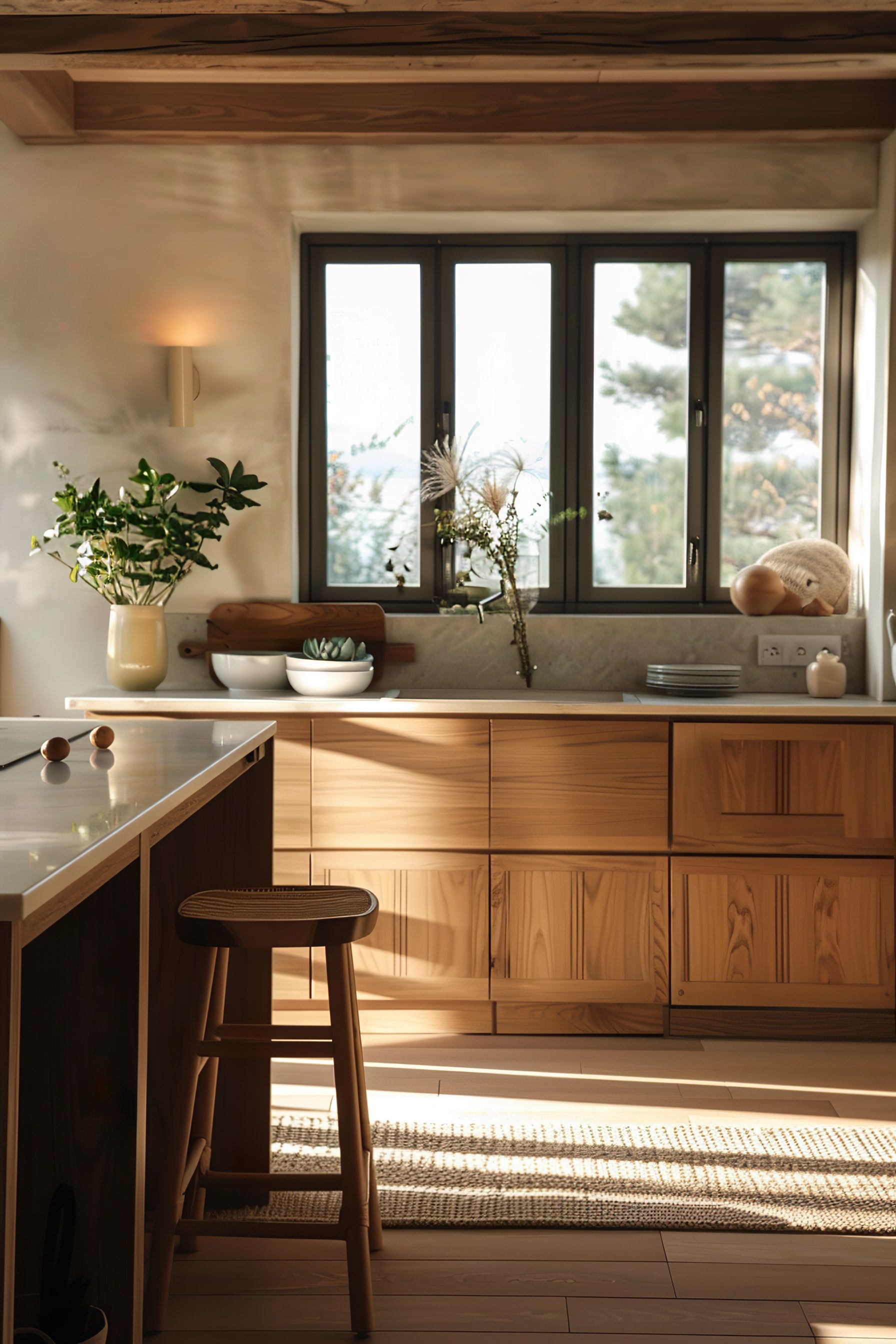 A cozy kitchen interior with warm lighting, wooden cabinetry, a counter with plants, and a view through the window.