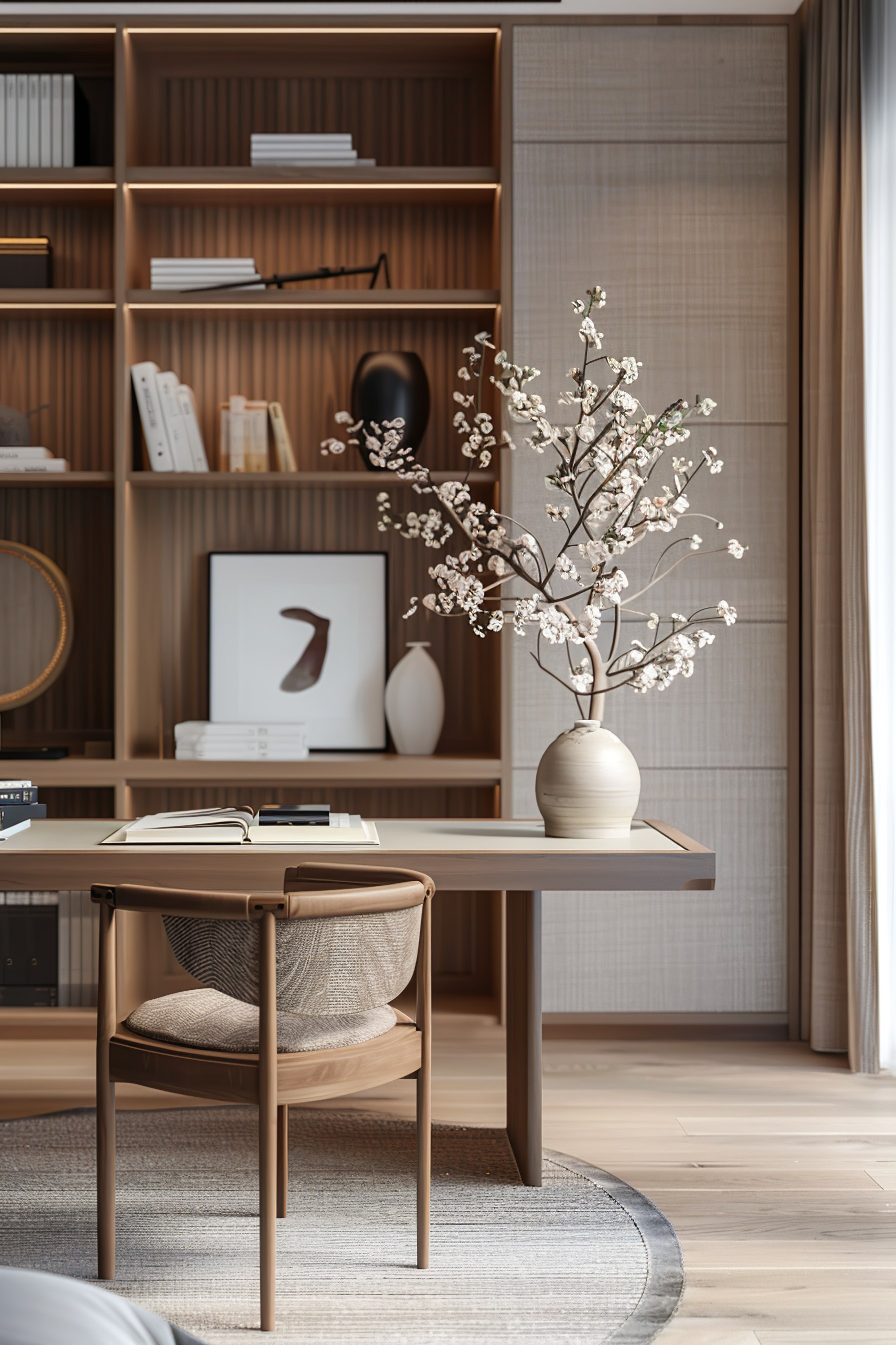 A modern home office setup with a wooden desk and chair, bookshelves, and a vase with flowering branches.