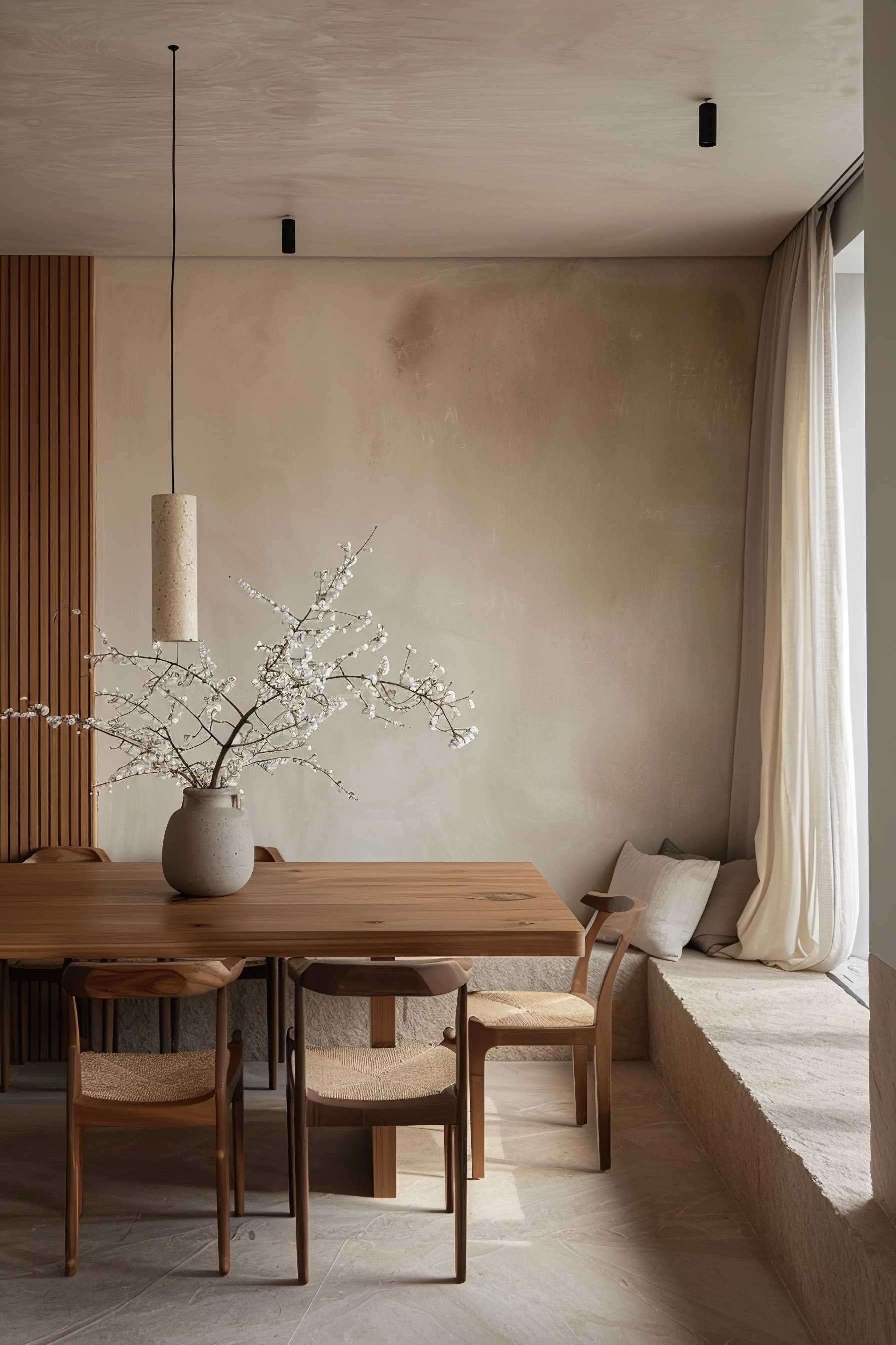 Modern minimalist dining room with wooden table and chairs, textured walls, and a vase with white blossoms.