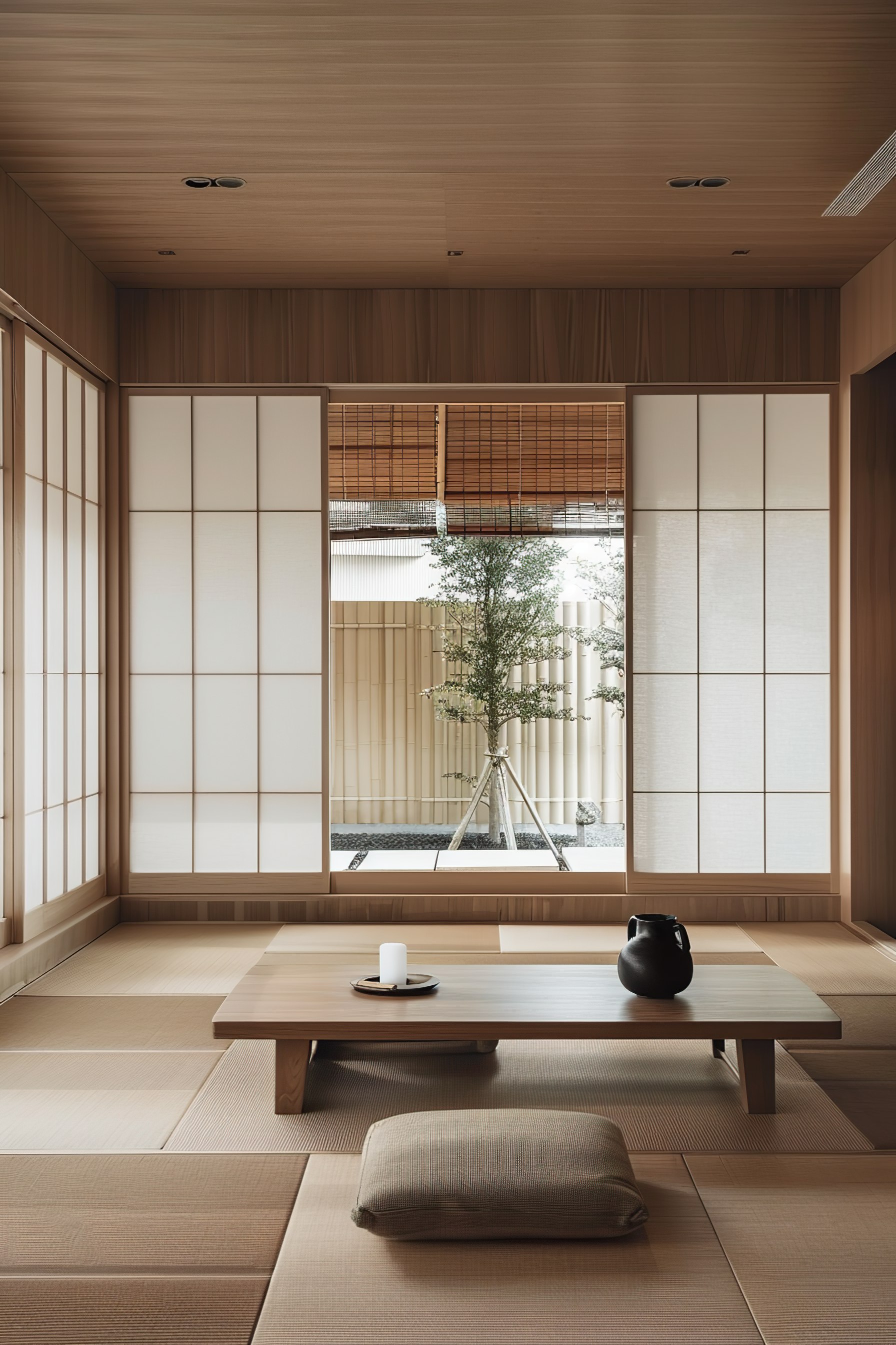 A serene Japanese-style room with tatami flooring, sliding shoji doors, low table, cushion, and a view of a Zen garden.