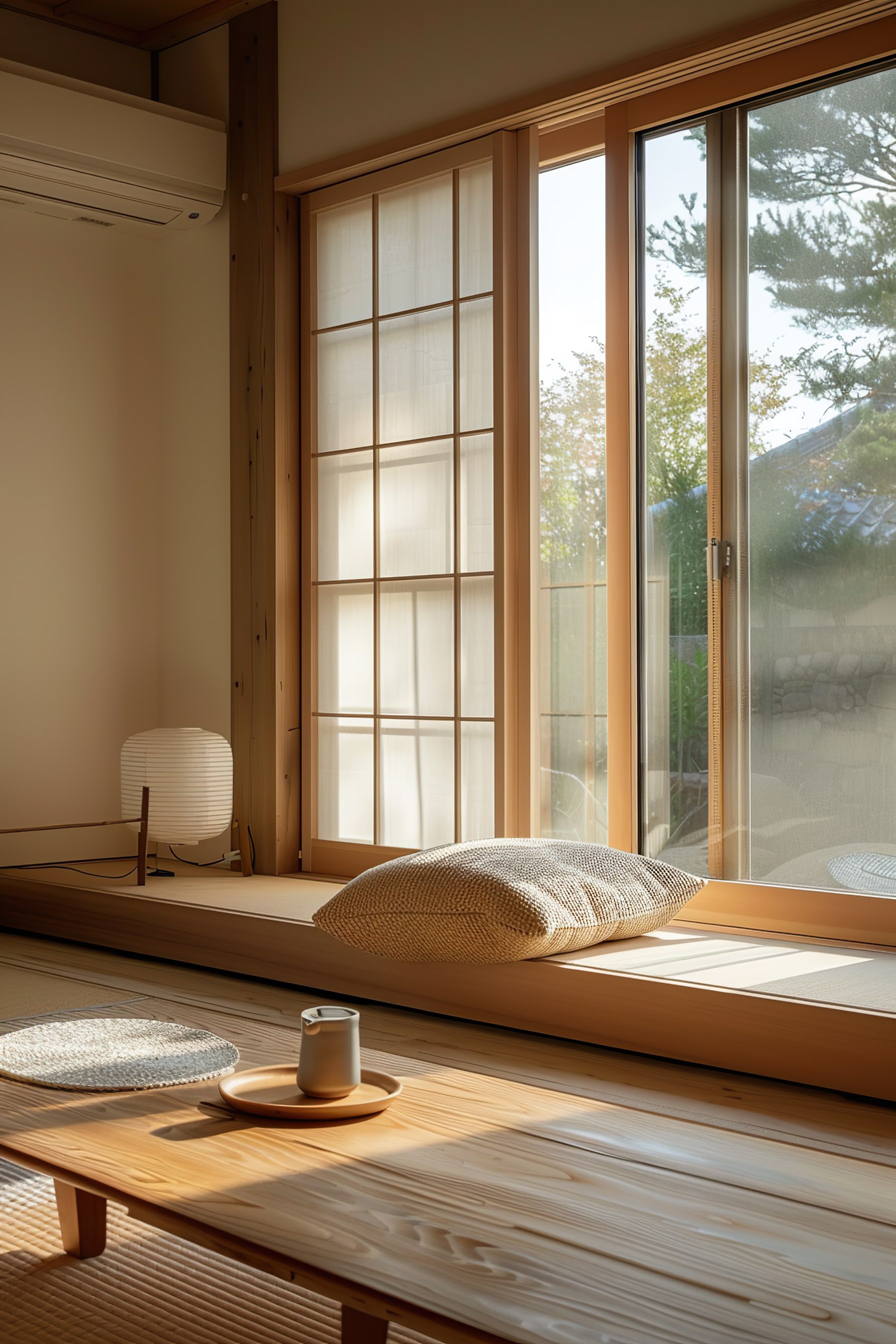 Cozy minimalist interior with natural light, tatami floor, cushion, low table, and shoji screen by the window.