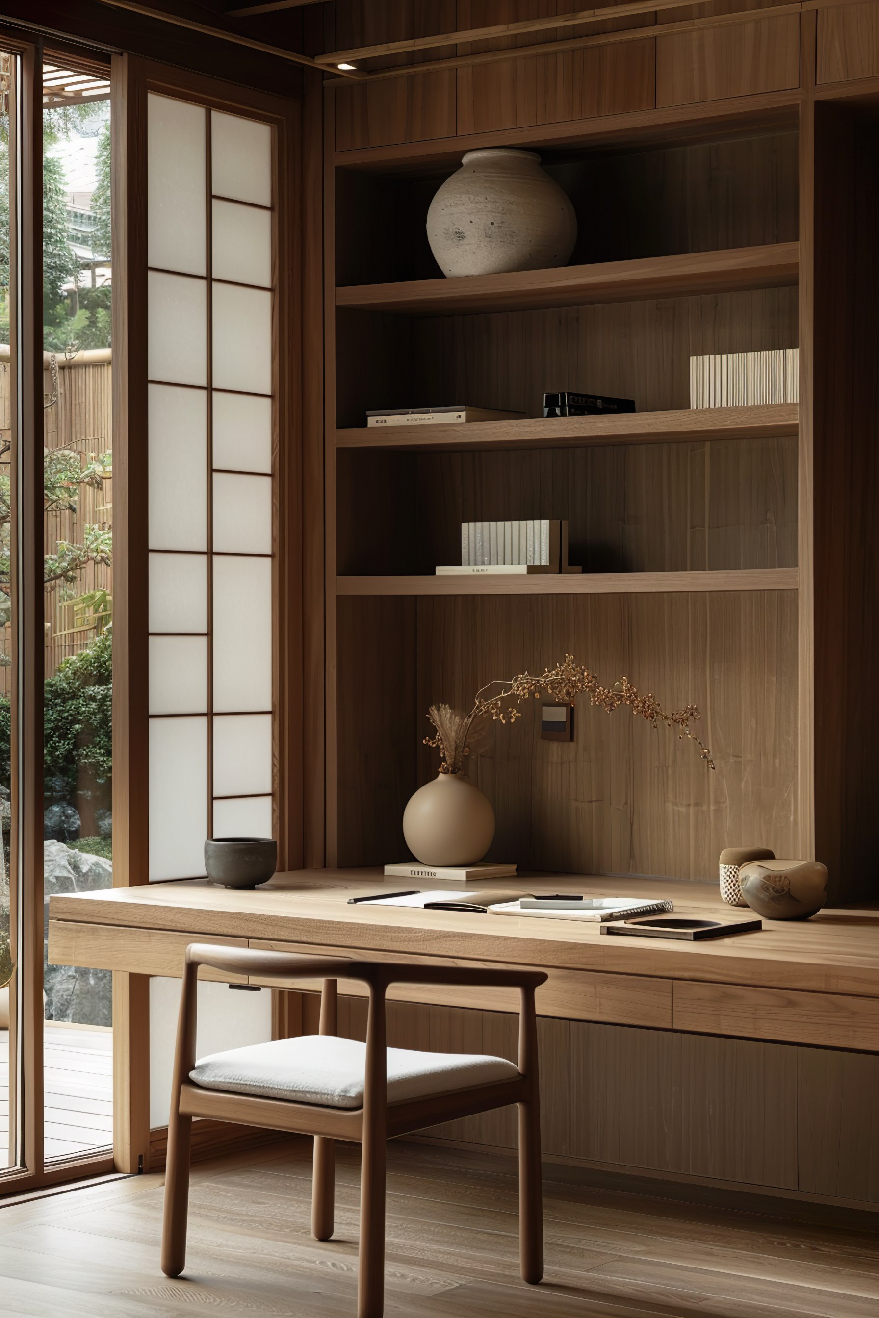 A serene study room with a wooden desk, chair, shelving, and traditional Japanese sliding door, with decorative items and books.