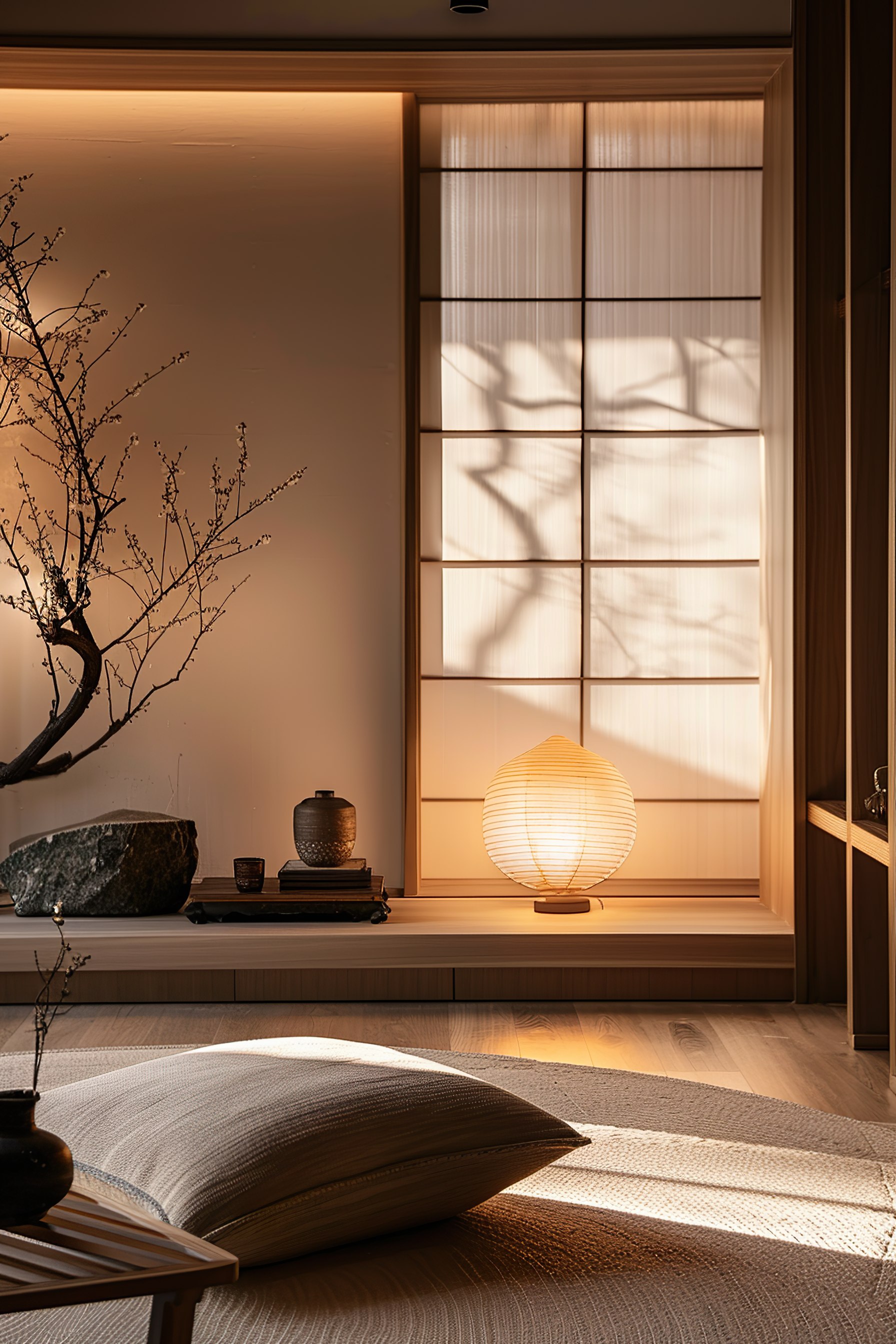 Cozy Japanese-style room with soft lighting, shoji screen, floor cushion, and traditional decor.