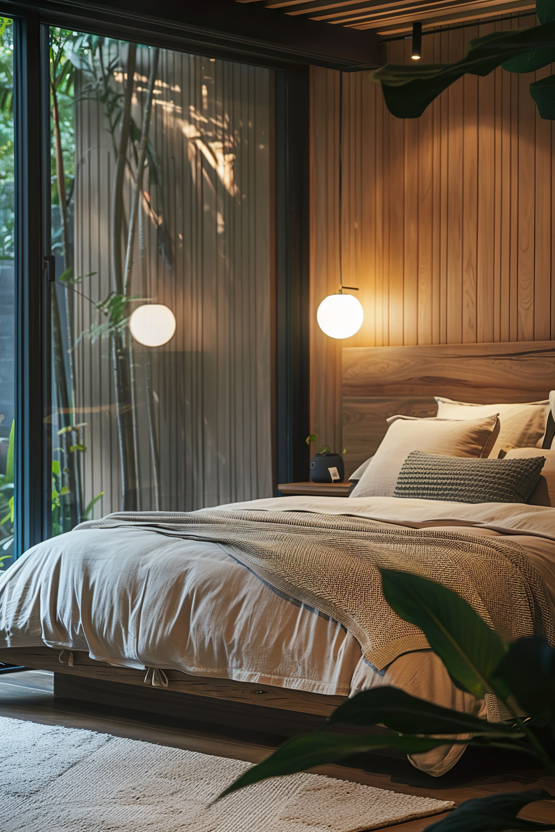 Cozy modern bedroom with wooden paneling, hanging round lights, and plants beside a large window with drawn curtains.