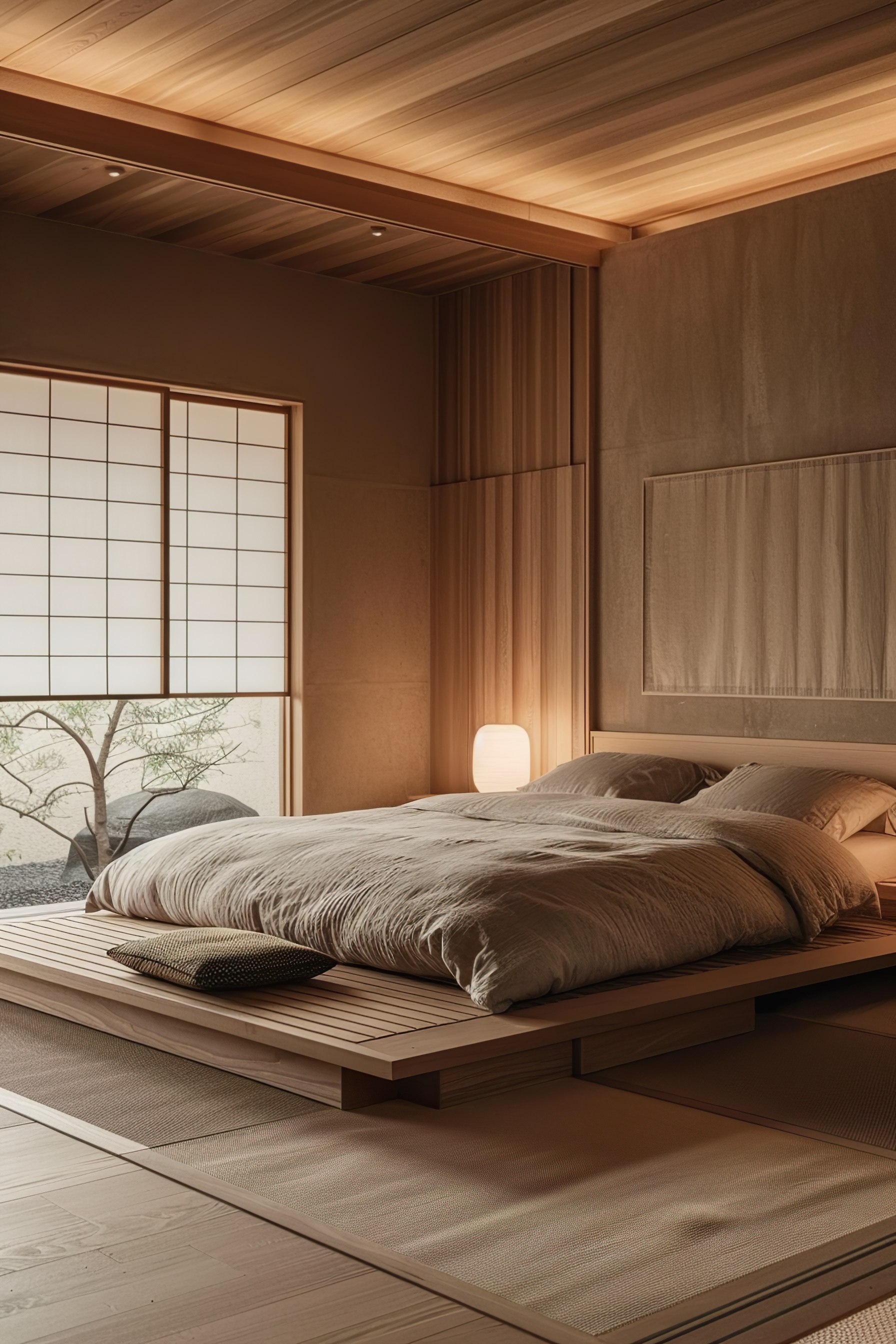 ALT: A minimalist bedroom with a low wooden bed frame, beige bedding, a shoji screen window, and a serene view of a tree outside.