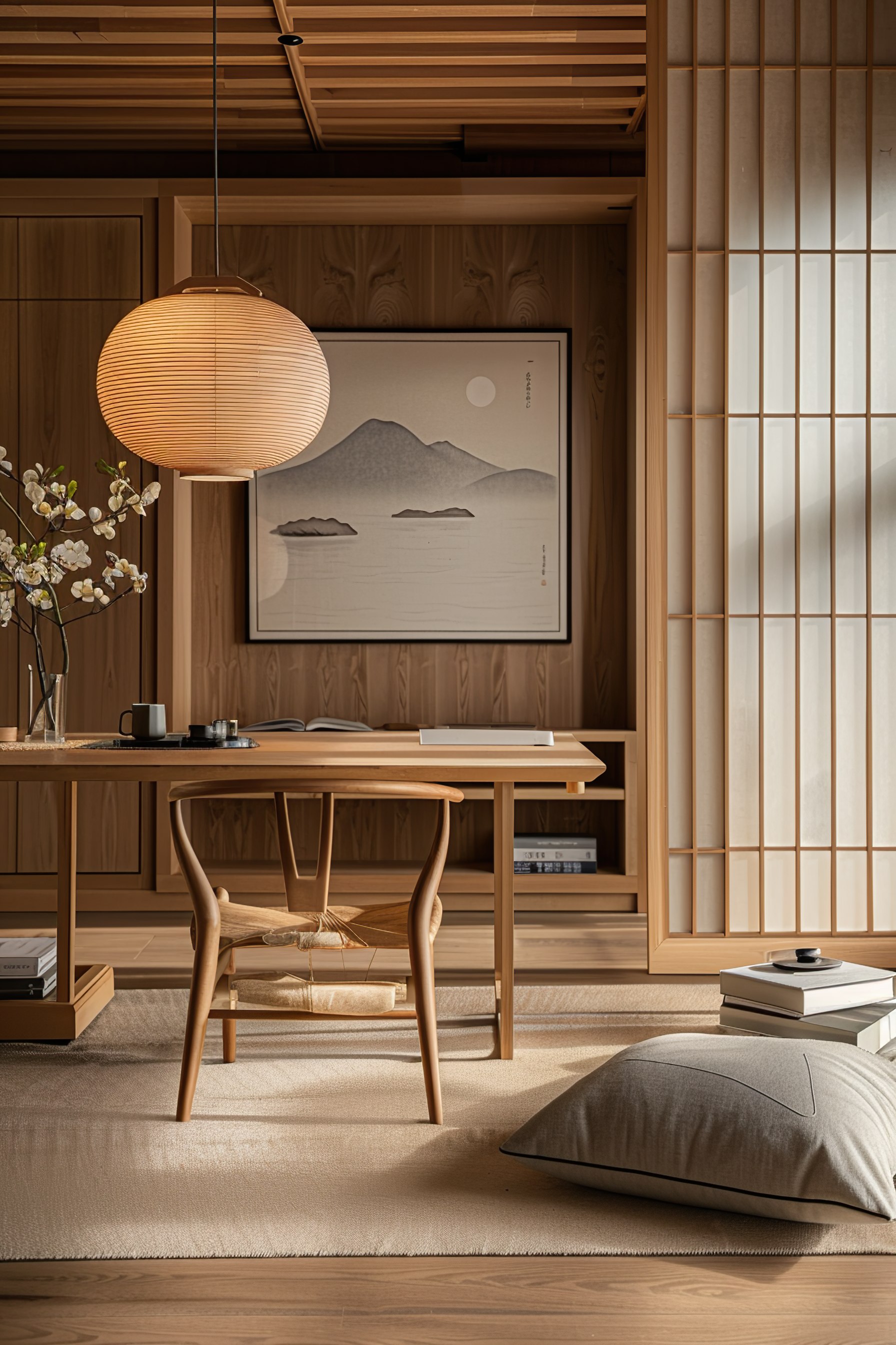 ALT: A modern wooden home office with a minimalist desk, an elegant chair, a large round pendant lamp, traditional shoji screens, and Asian-inspired art.