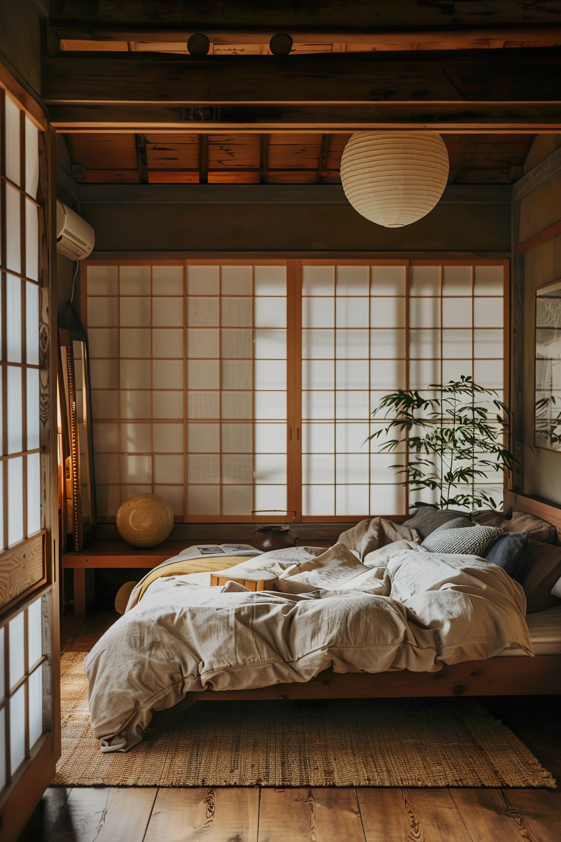ALT text: A cozy traditional Japanese room with tatami flooring, a low bed, shoji sliding doors, a paper lantern, and a serene atmosphere.