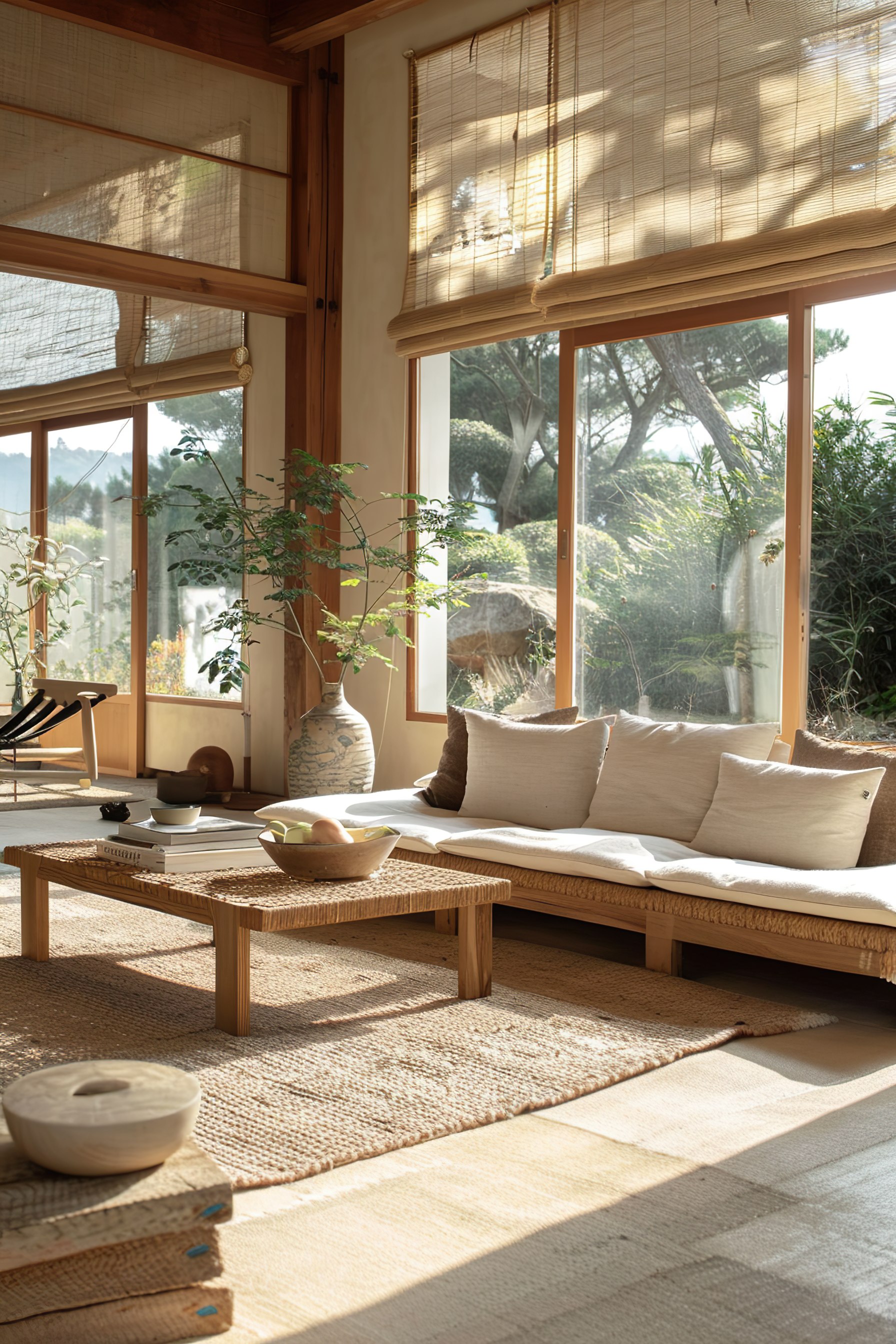 A serene living room with bamboo shades, a low wooden table, a sofa with cushions, and sunlight filtering through windows.