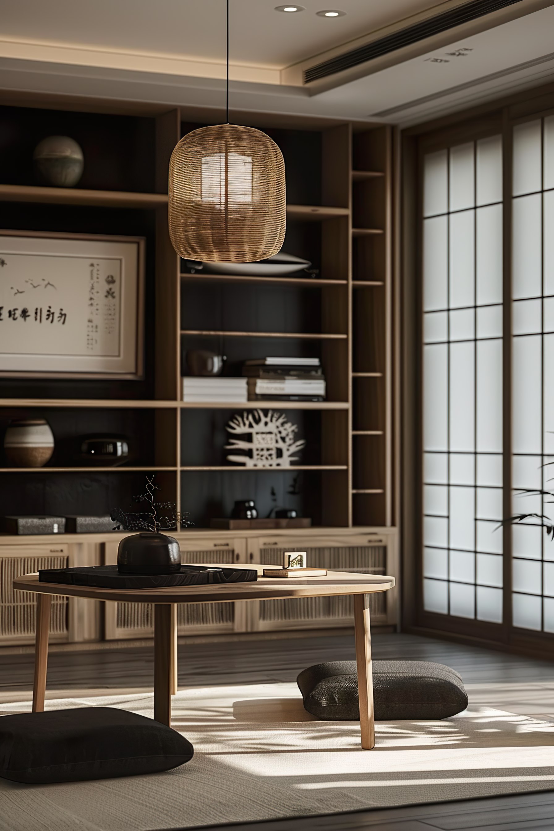 Minimalistic Japanese-style room with a woven pendant light, tatami floor, low table, cushions, and traditional decor elements.