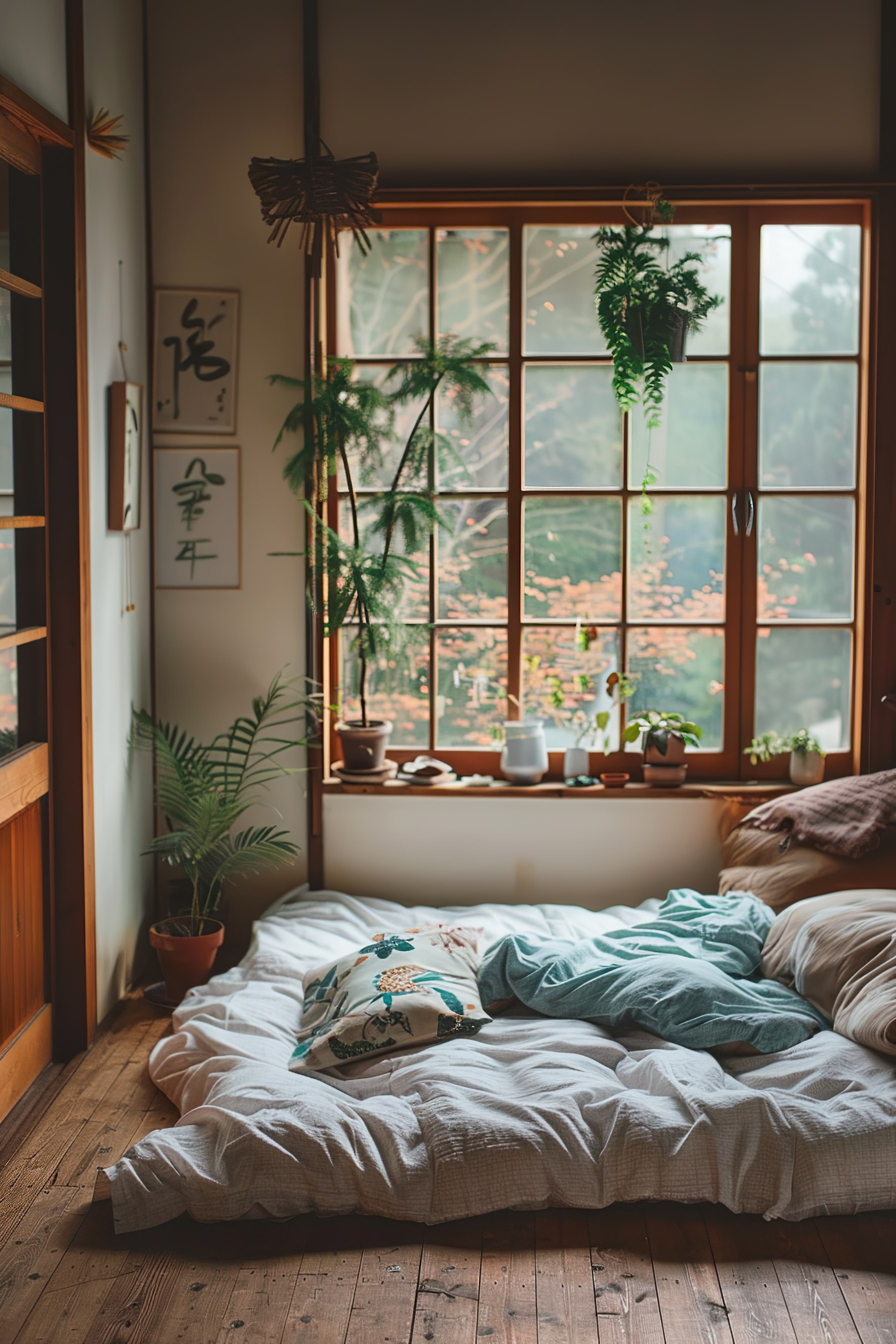 Cozy bedroom corner with a mattress on the floor, large window, hanging plants, and Asian-style wall art.