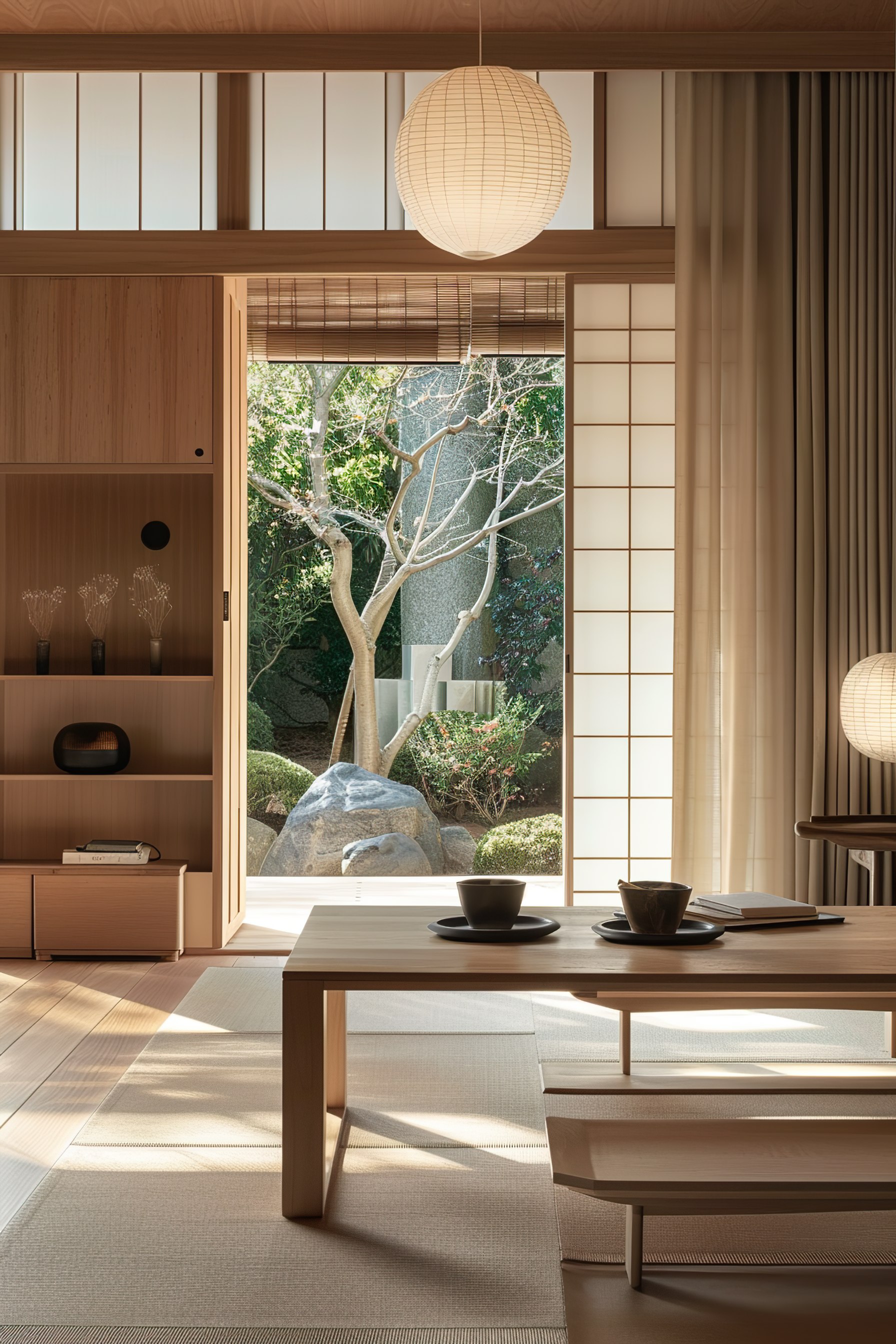 A serene Japanese-style room with tatami flooring, a wooden table set with tea, shoji doors, and a view of a Zen garden.