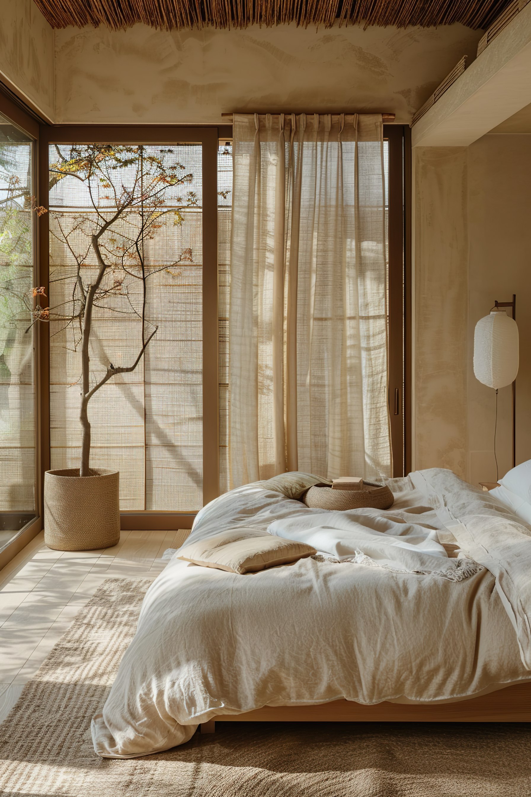 A serene bedroom with a large window, sheer curtains, a bare tree in a basket, and a bed with neutral linens in soft sunlight.