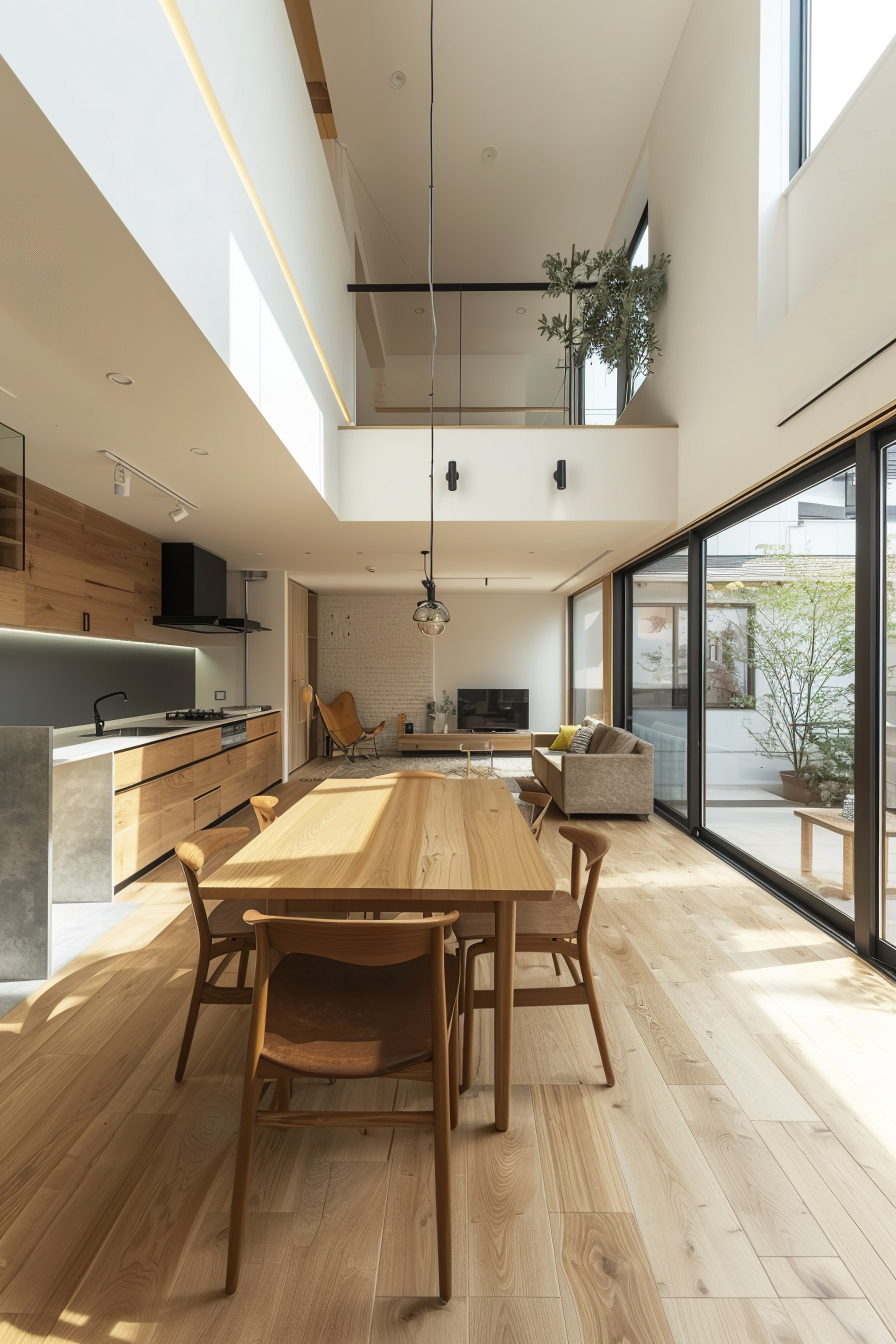 Modern interior with wooden dining table, chairs, open-plan kitchen, and living area, leading to garden through glass doors.