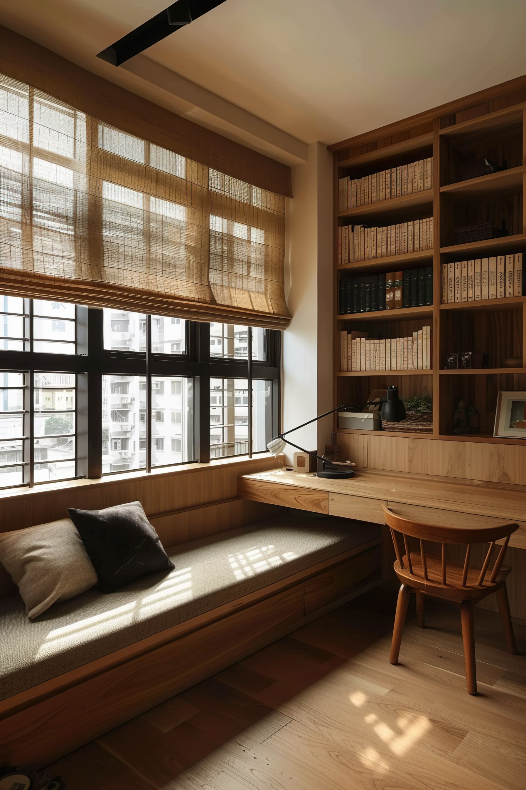 Cozy home study with large windows, wooden bookshelves, a desk with a lamp, and a cushioned bench with pillows.