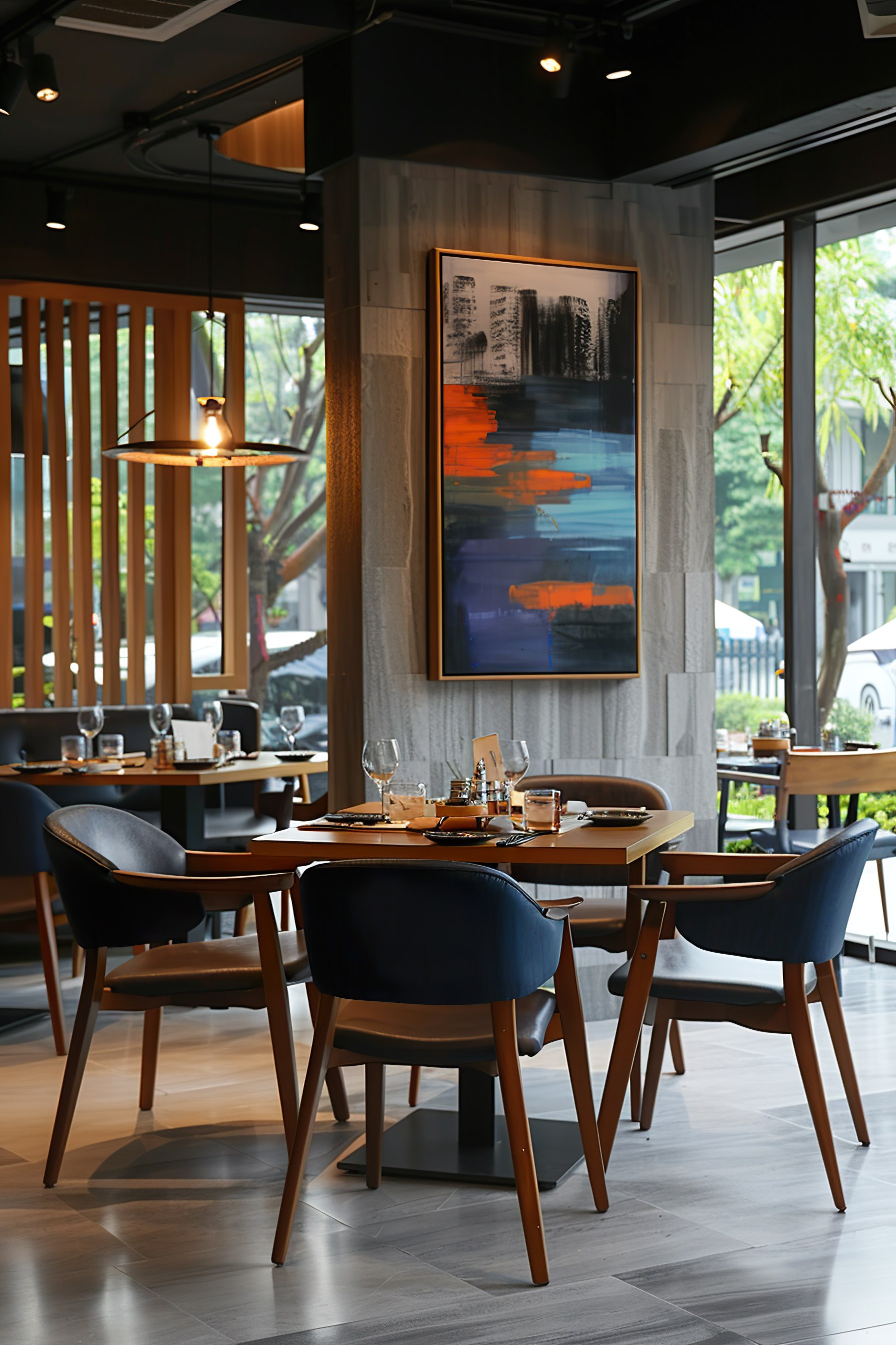 Elegant dining setup with modern wooden tables and chairs, decorative lighting, and colorful artwork on the wall in a restaurant interior.