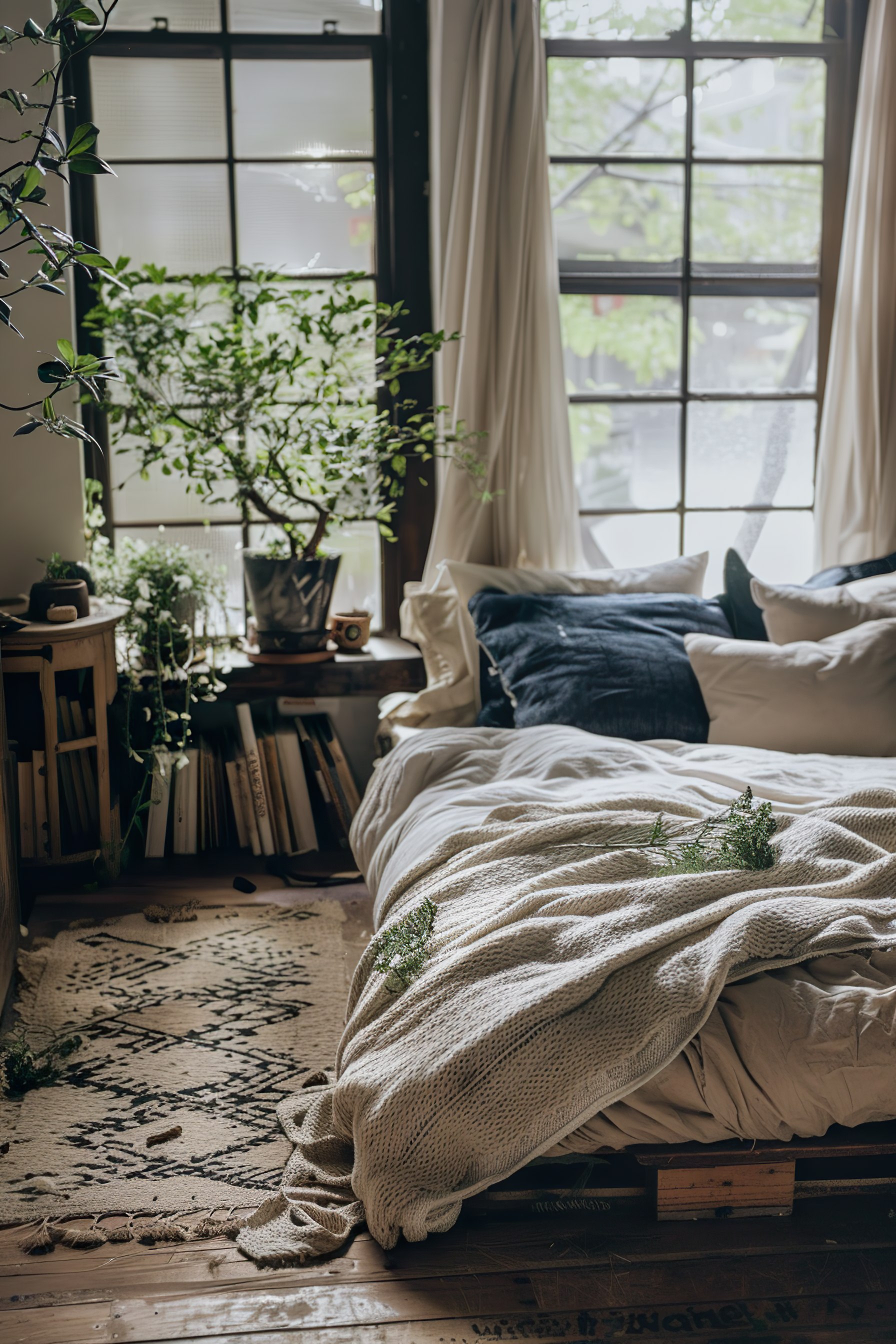 Cozy bedroom interior with an unmade bed, plush blankets, books, plants, and a window with flowing curtains.