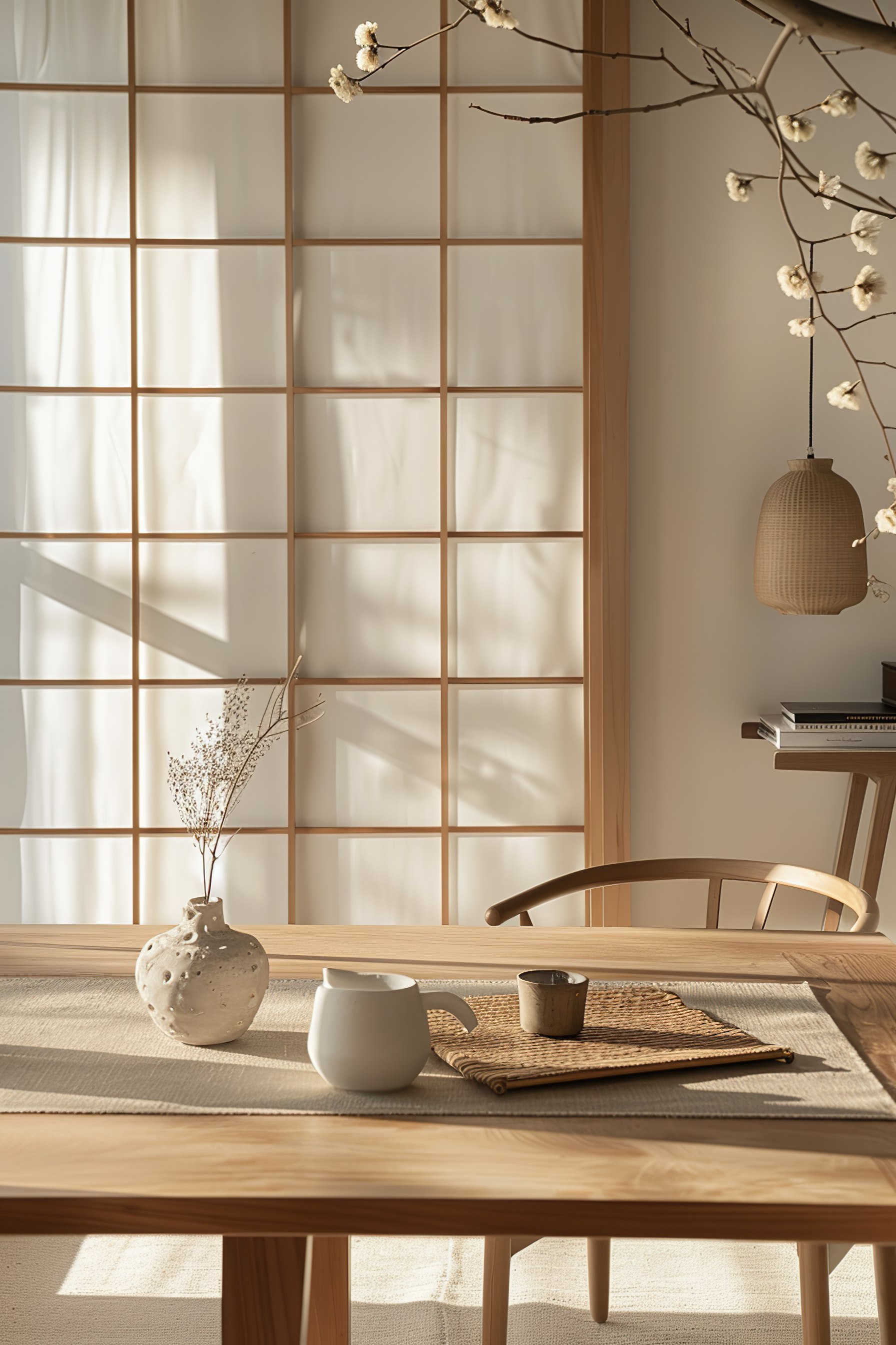 A serene dining setup with a wooden table, vase with branches, teapot, and a wicker place mat, bathed in warm sunlight filtering through window panes.