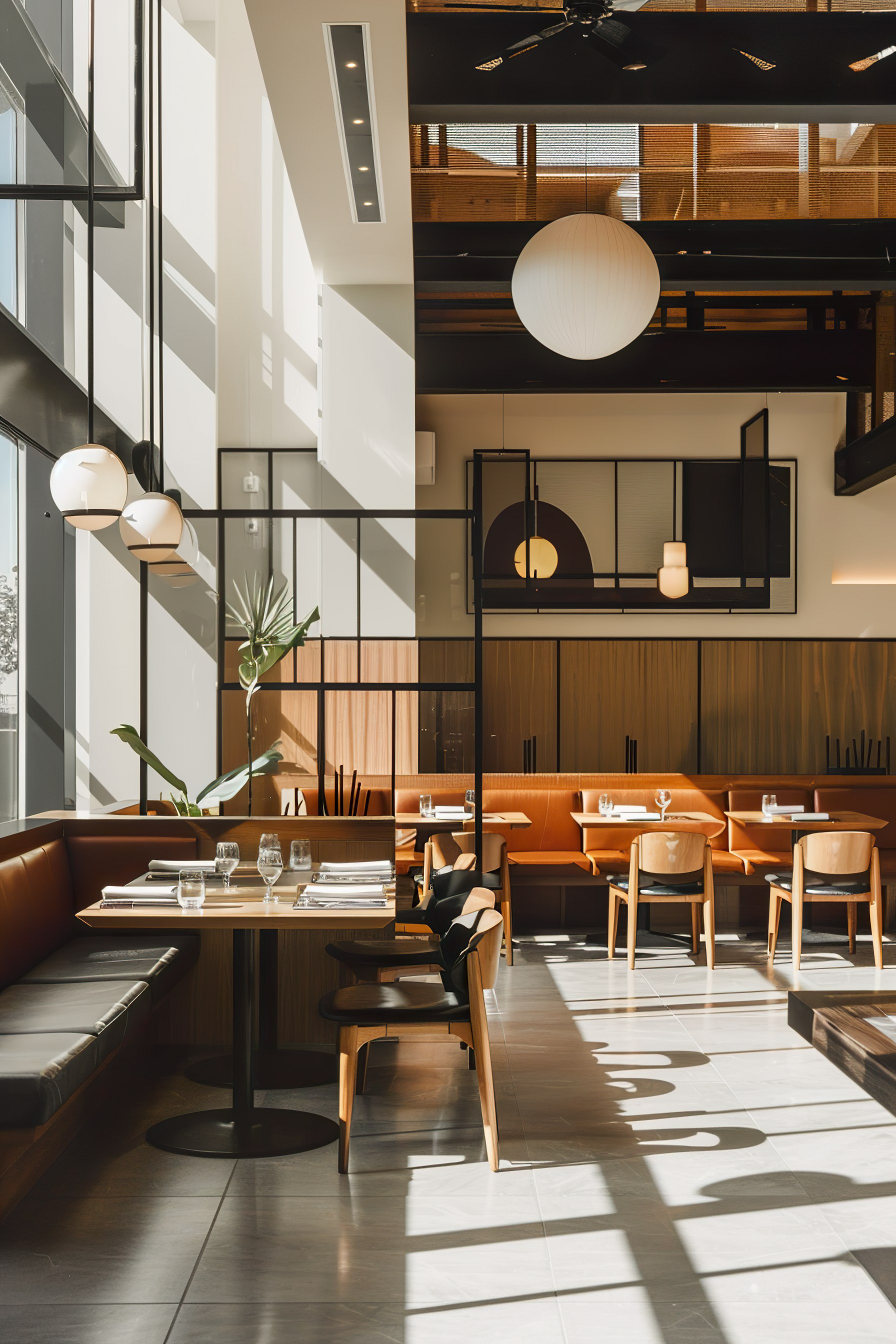 Modern restaurant interior with natural light, warm wood tones, and stylish furnishings.