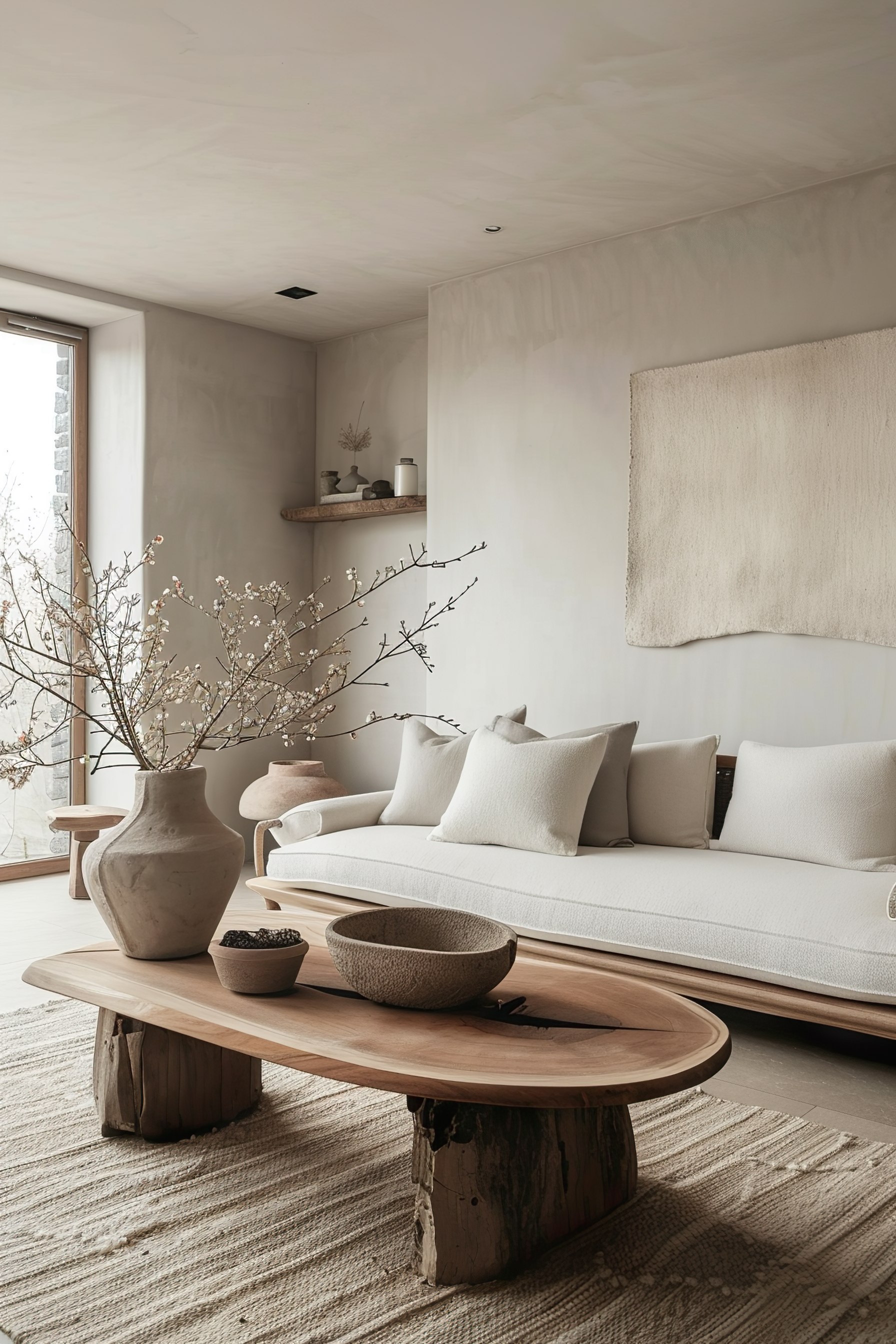 A minimalist living room with a neutral color palette, featuring a sofa with pillows, a rustic wooden coffee table, and a large vase with branches.