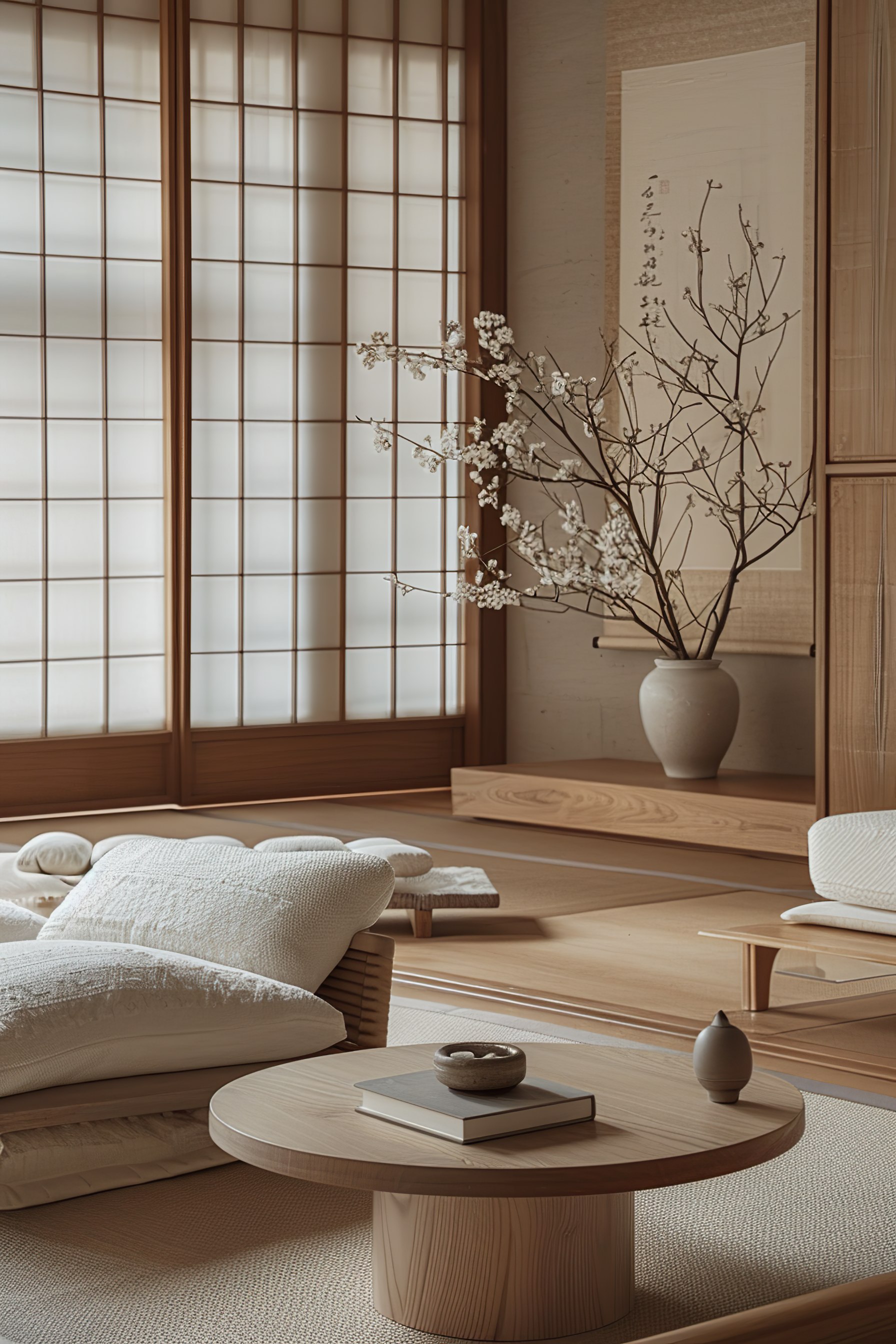 A serene Japanese-style room with tatami floors, shoji screens, minimalist wooden furniture, and a vase with blossoming branches.