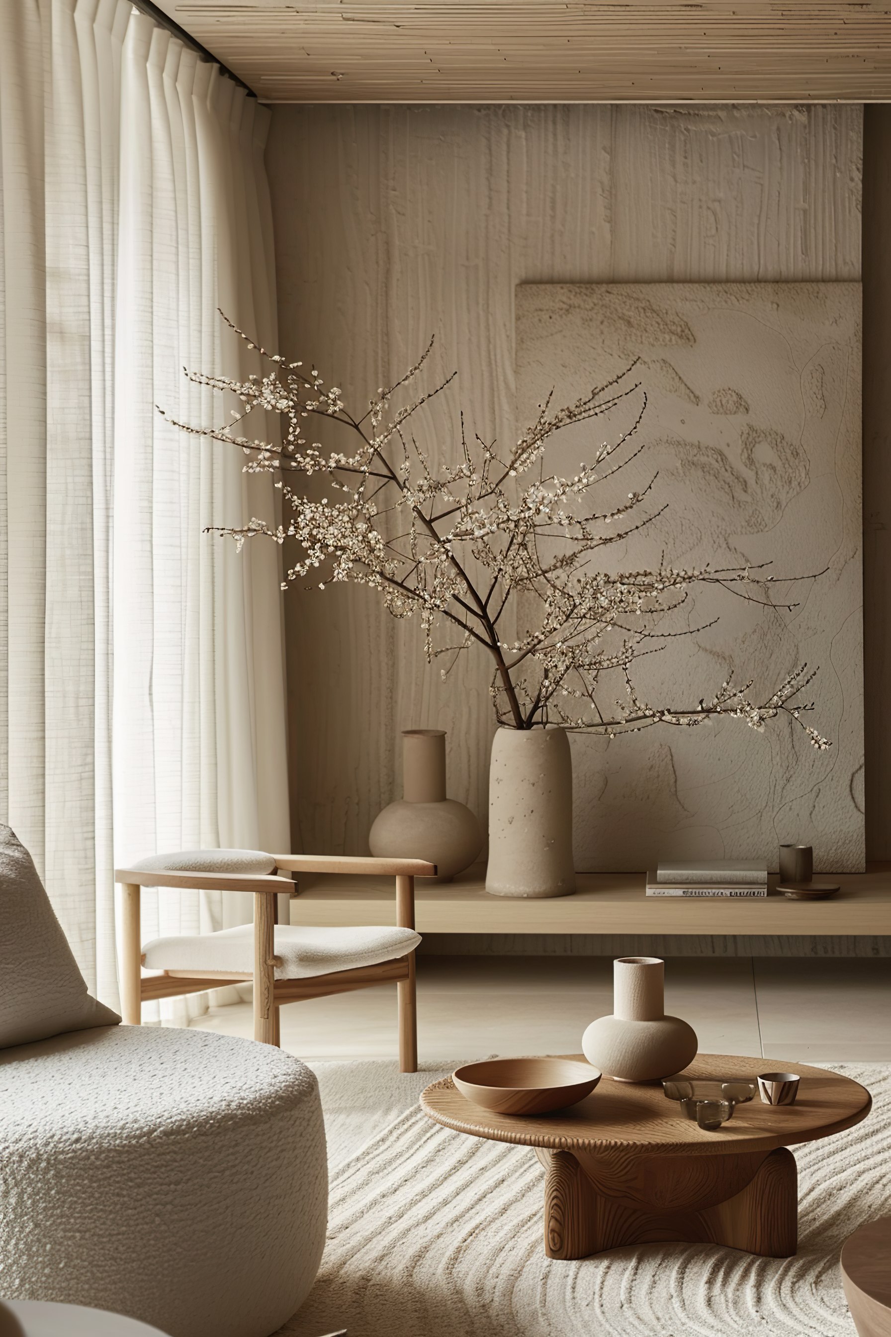 Minimalist living room with neutral tones, textured decor, and a vase of cherry blossoms.