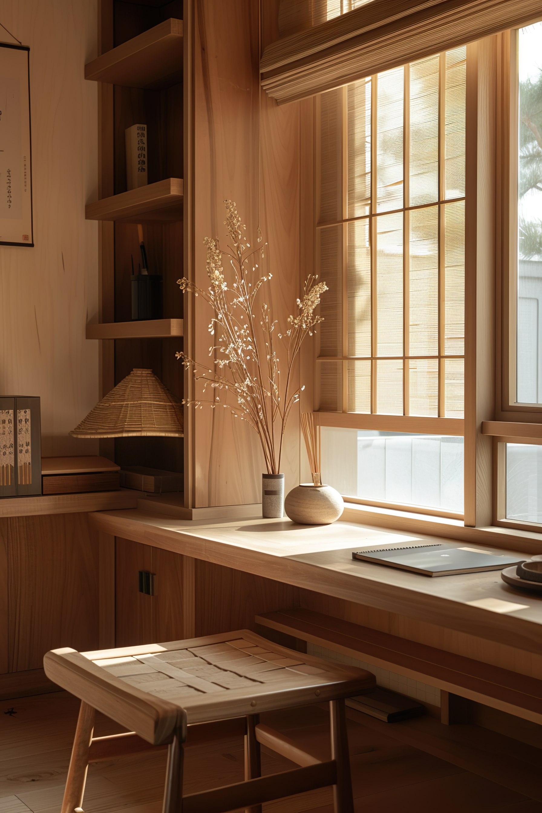 A serene wooden interior with a vase of dried flowers, window with blinds casting warm light, a desk and a traditional hat on a shelf.