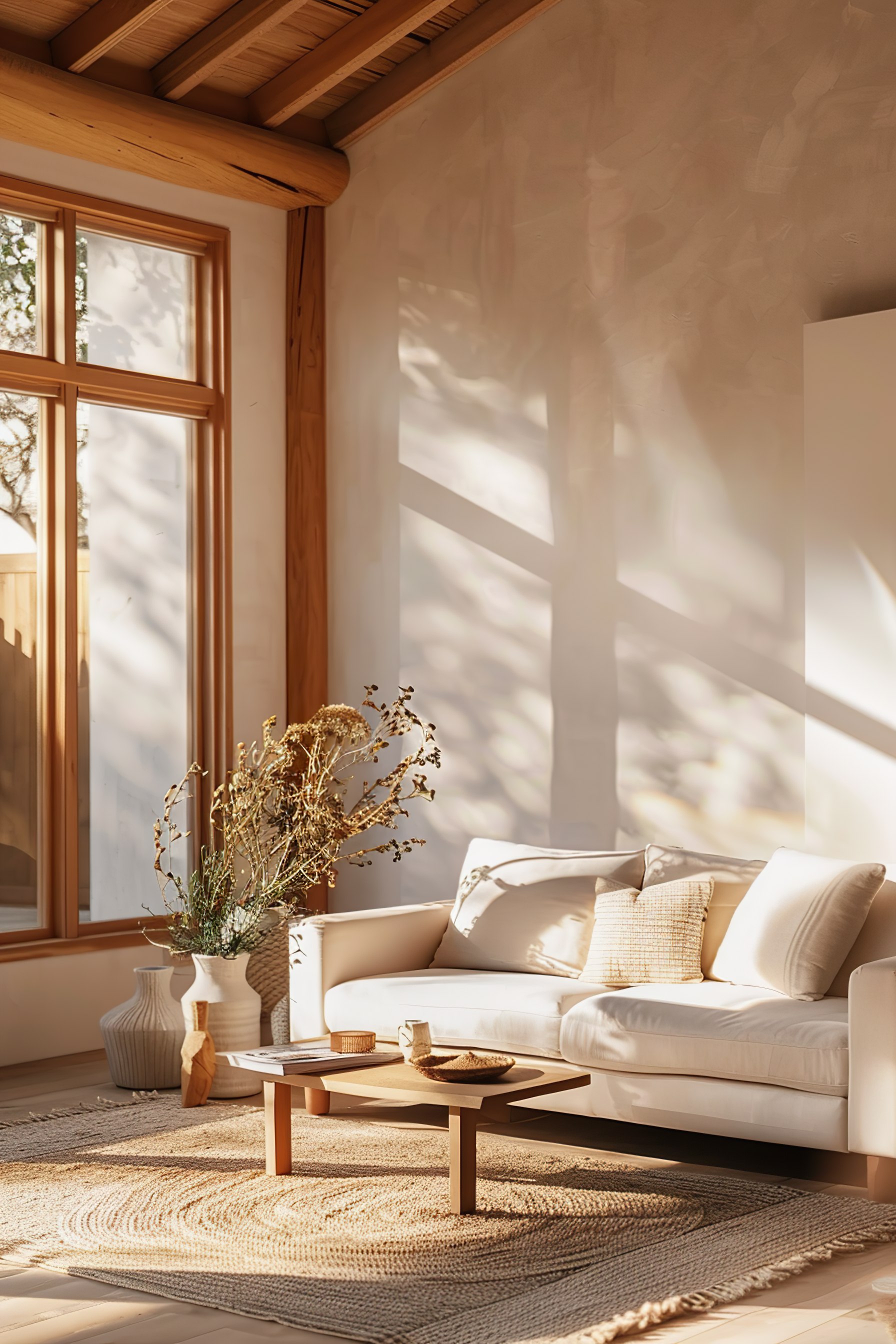 A cozy living room corner with a white sofa, wooden table, textured rugs, and warm sunlight streaming through a large window.