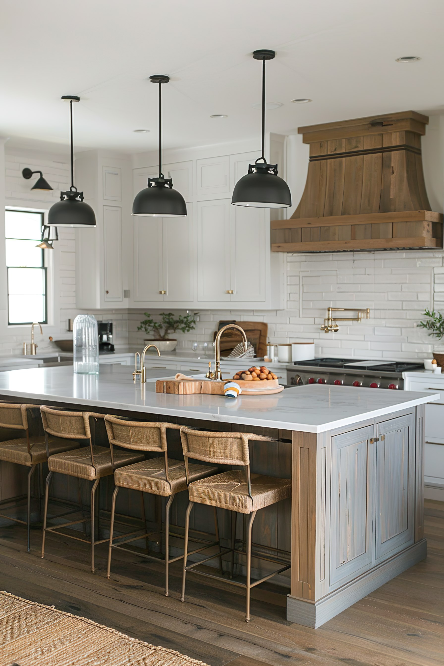 Modern kitchen interior with white cabinetry, wooden accents, and a kitchen island with rattan bar stools under pendant lights.