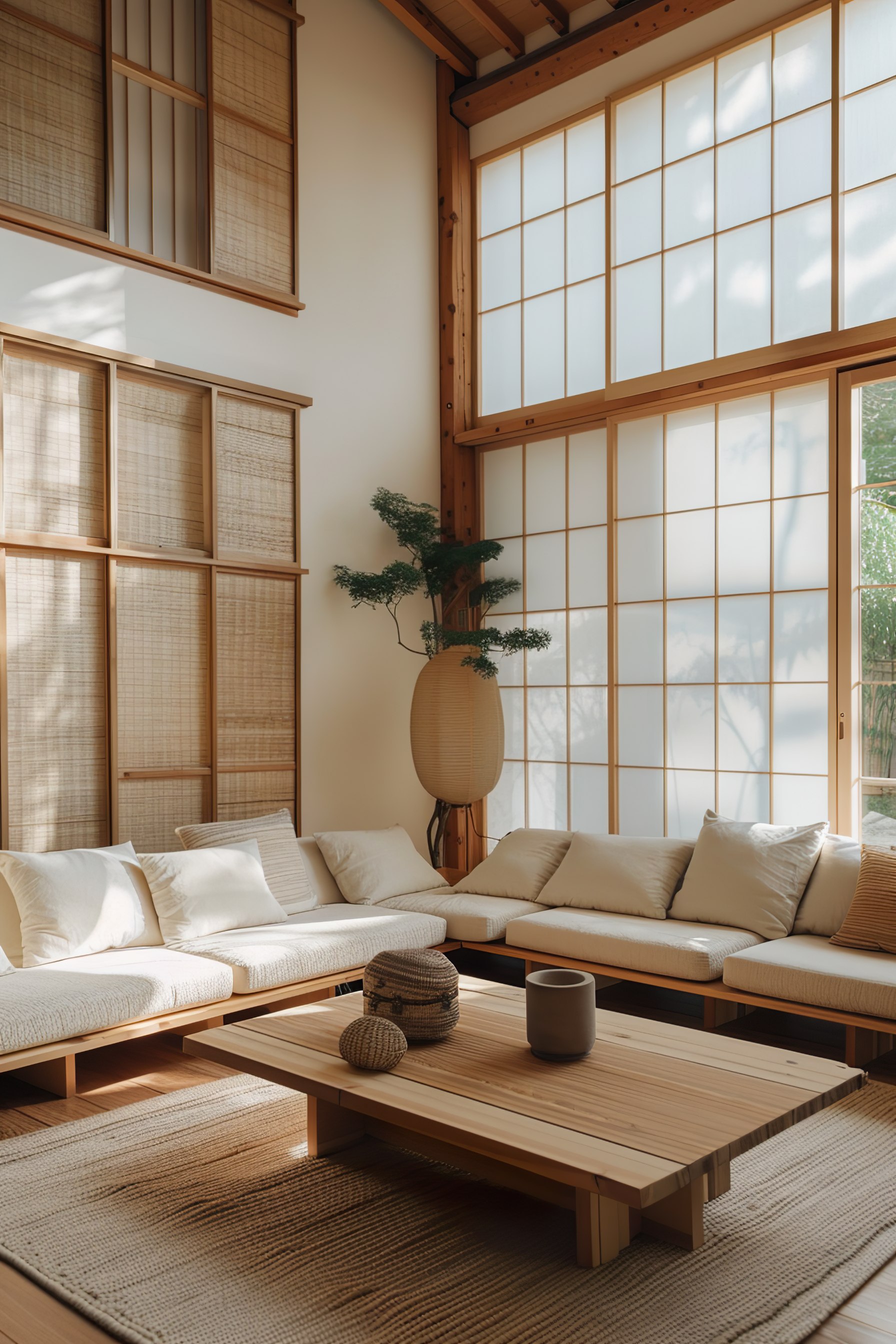 A tranquil Japanese-style living room with wooden furniture, tatami mats, shoji screens, and a potted bonsai.