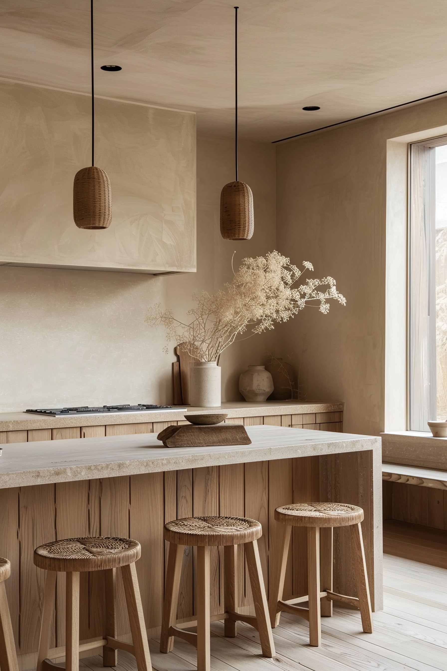 Modern kitchen design with wooden furnishings, rattan pendant lights, wicker stools, and dried plant decor, evoking a warm, natural aesthetic.