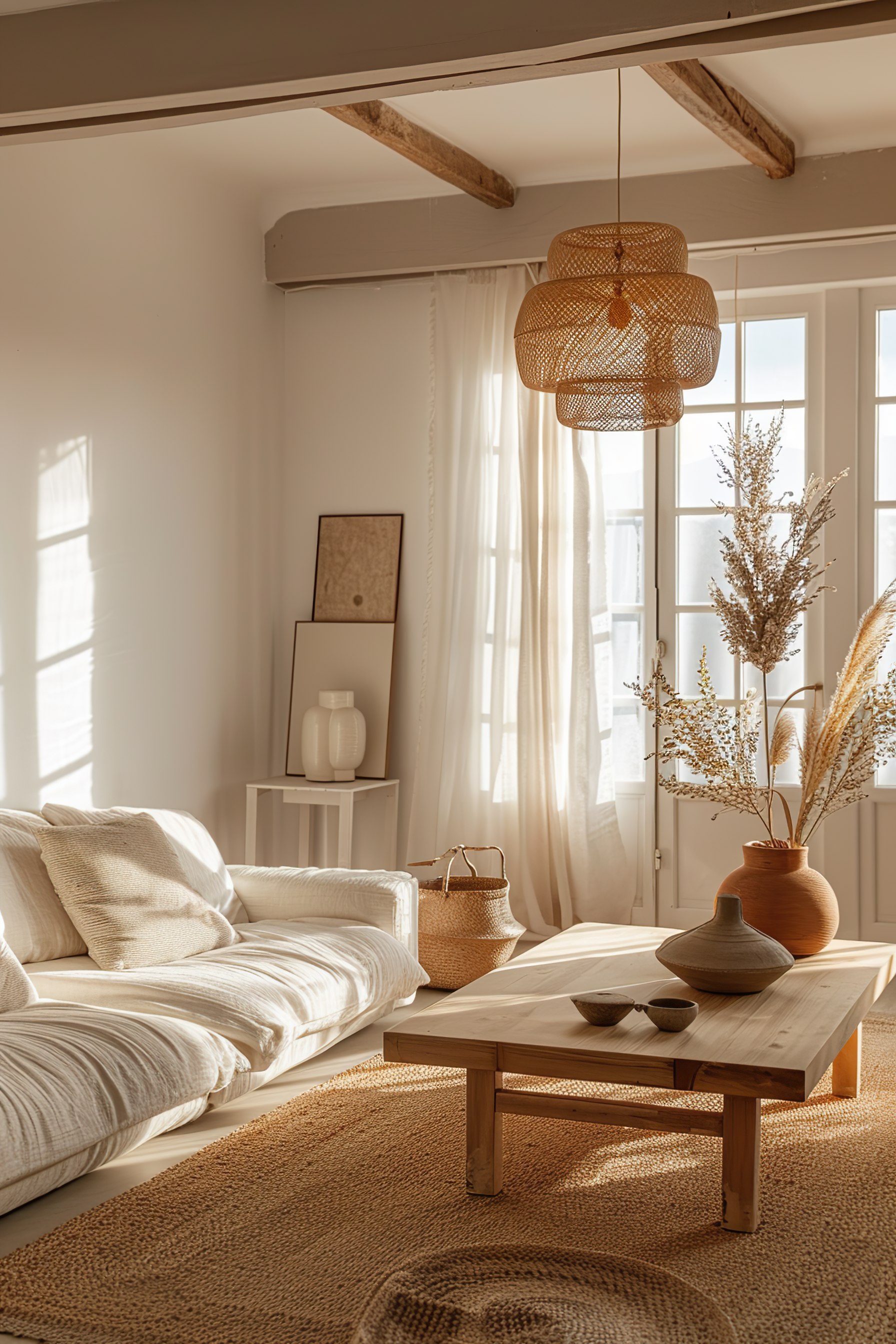 Cozy sunlit living room with beige sofa, wooden table, wicker lamps, and dried plants in a clay vase.