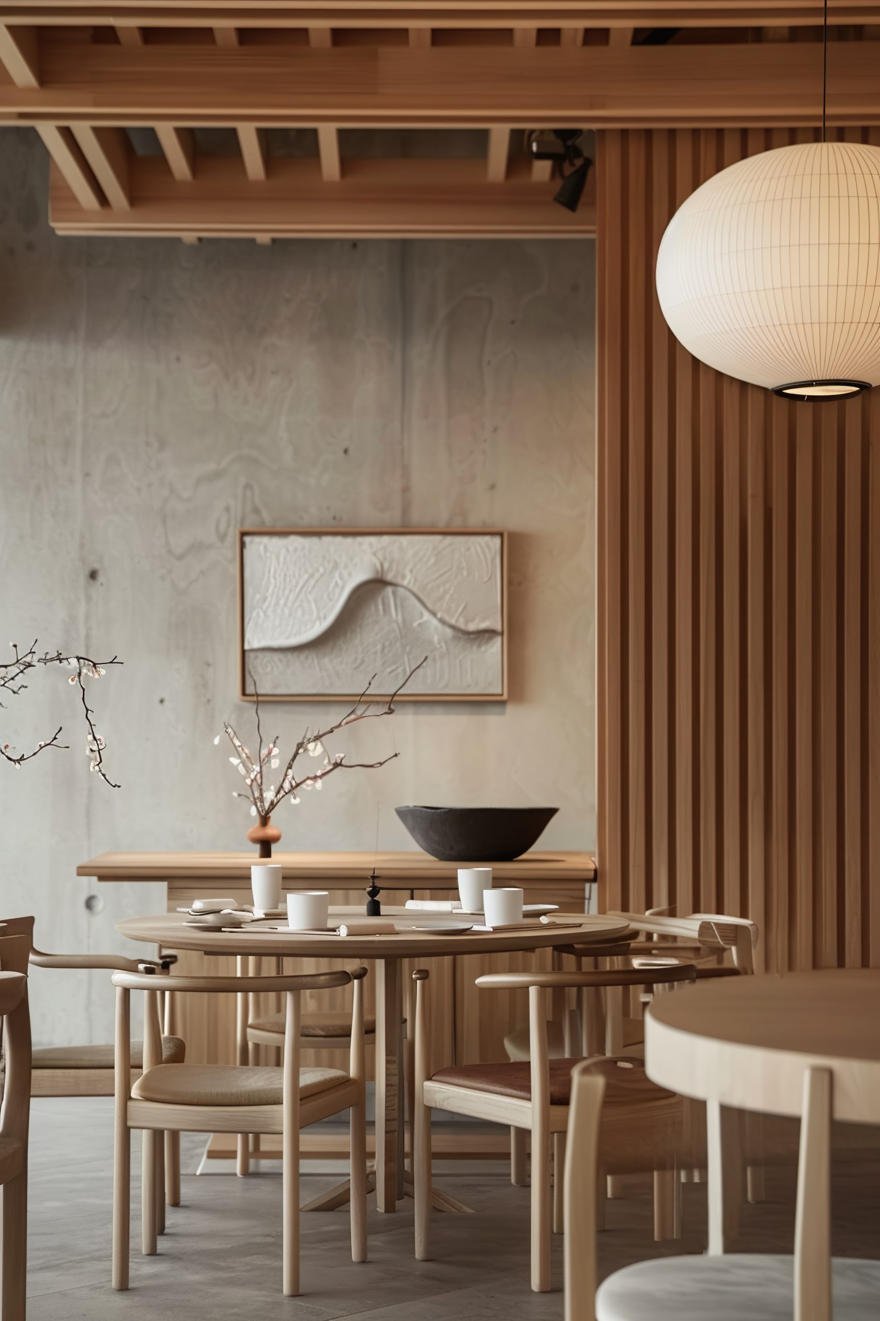 A modern dining space with wooden tables, chairs, a large paper pendant lamp, and a textured wall art piece in a neutral-toned interior.