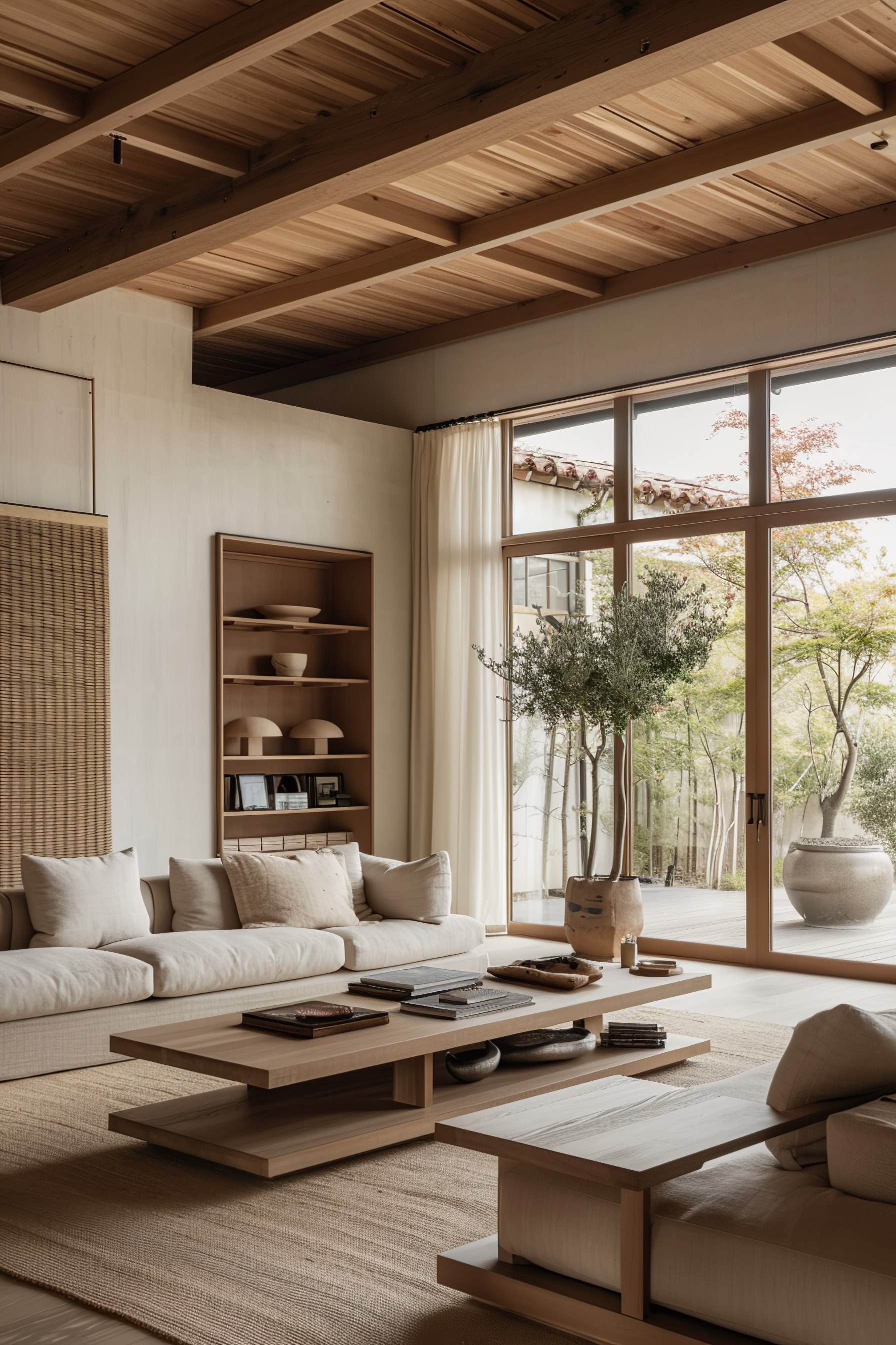 Minimalist living room with wooden ceiling and furniture, large window overlooking trees, and a neutral color palette.