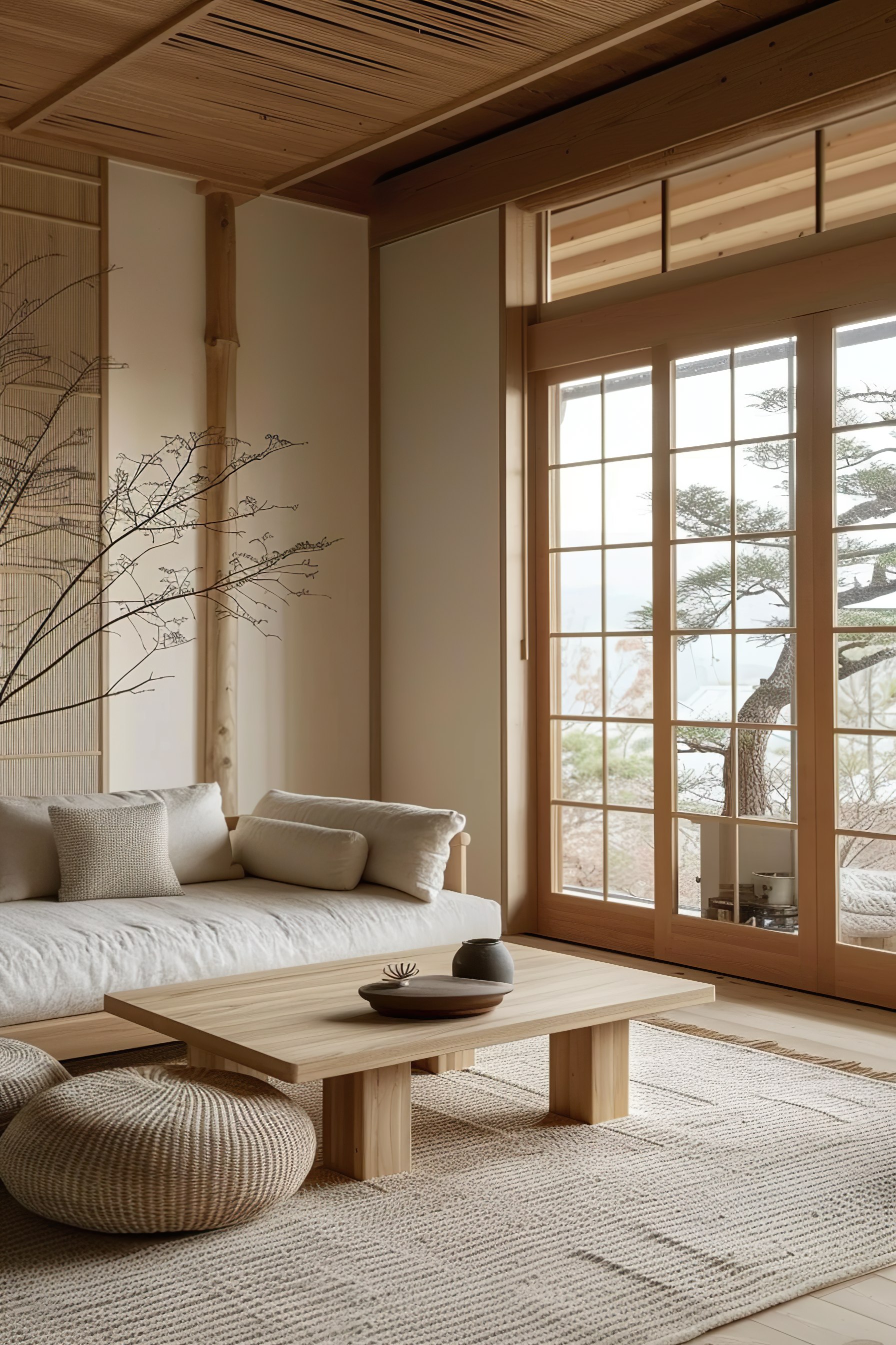A serene room with a traditional Japanese aesthetic featuring wooden furniture, tatami mat flooring, and a view of trees through tall windows.