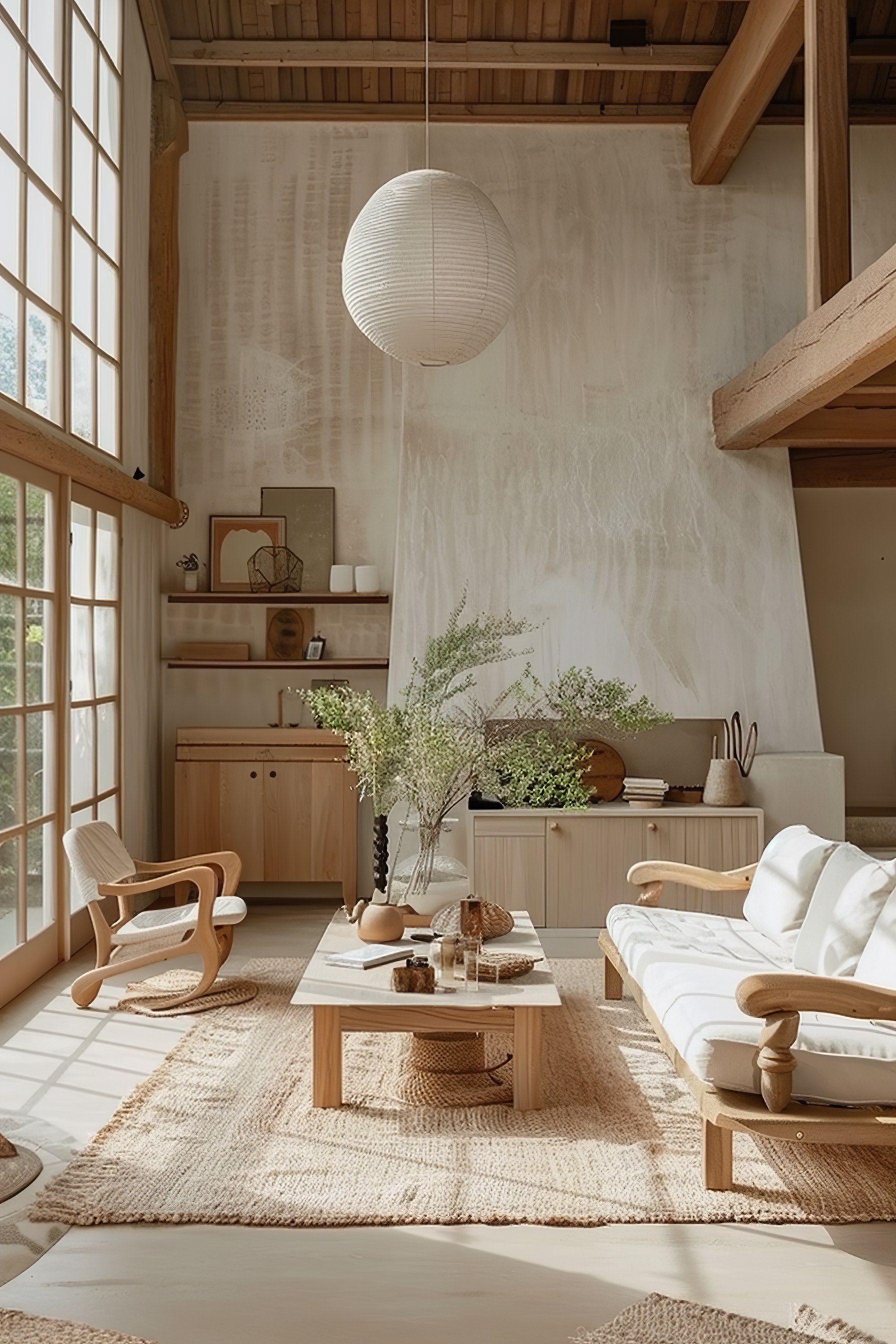 ALT: A cozy, sunlit room with wooden furniture, a large paper lantern, plush rugs, potted plants, and warm neutral tones.
