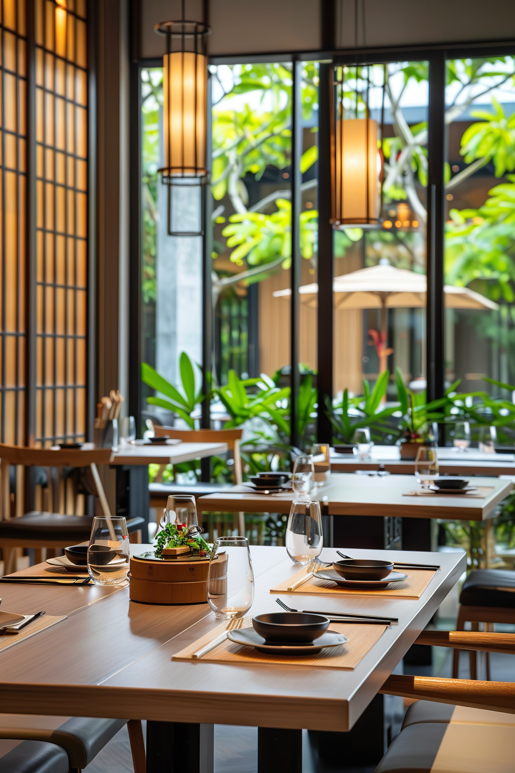 Elegant dining setup in a modern restaurant with warm lighting, tableware on wooden tables, and greenery in the background.