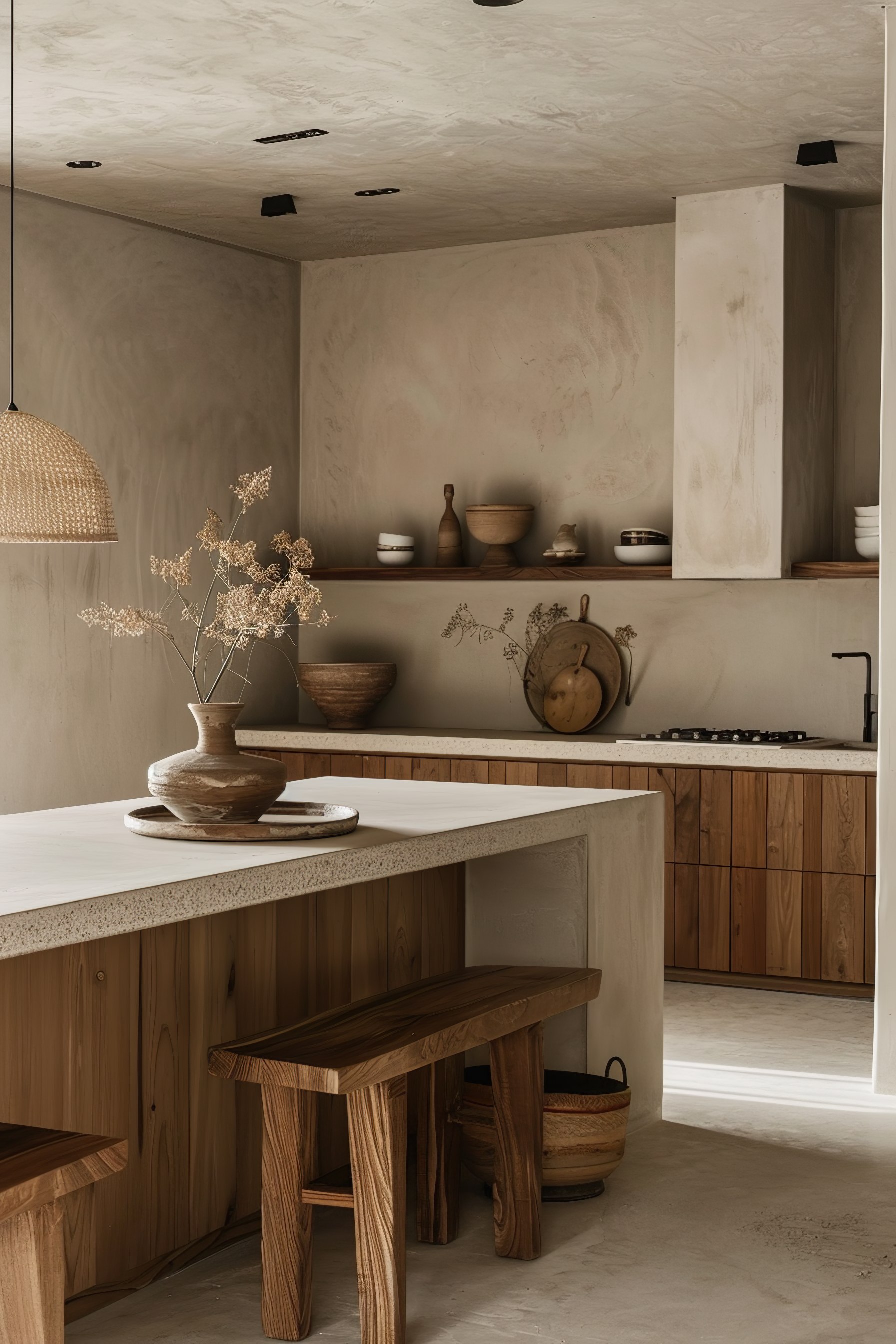 A modern kitchen with minimalistic wooden furniture and neutral tones, decorated with dry plants and ceramic dishes.