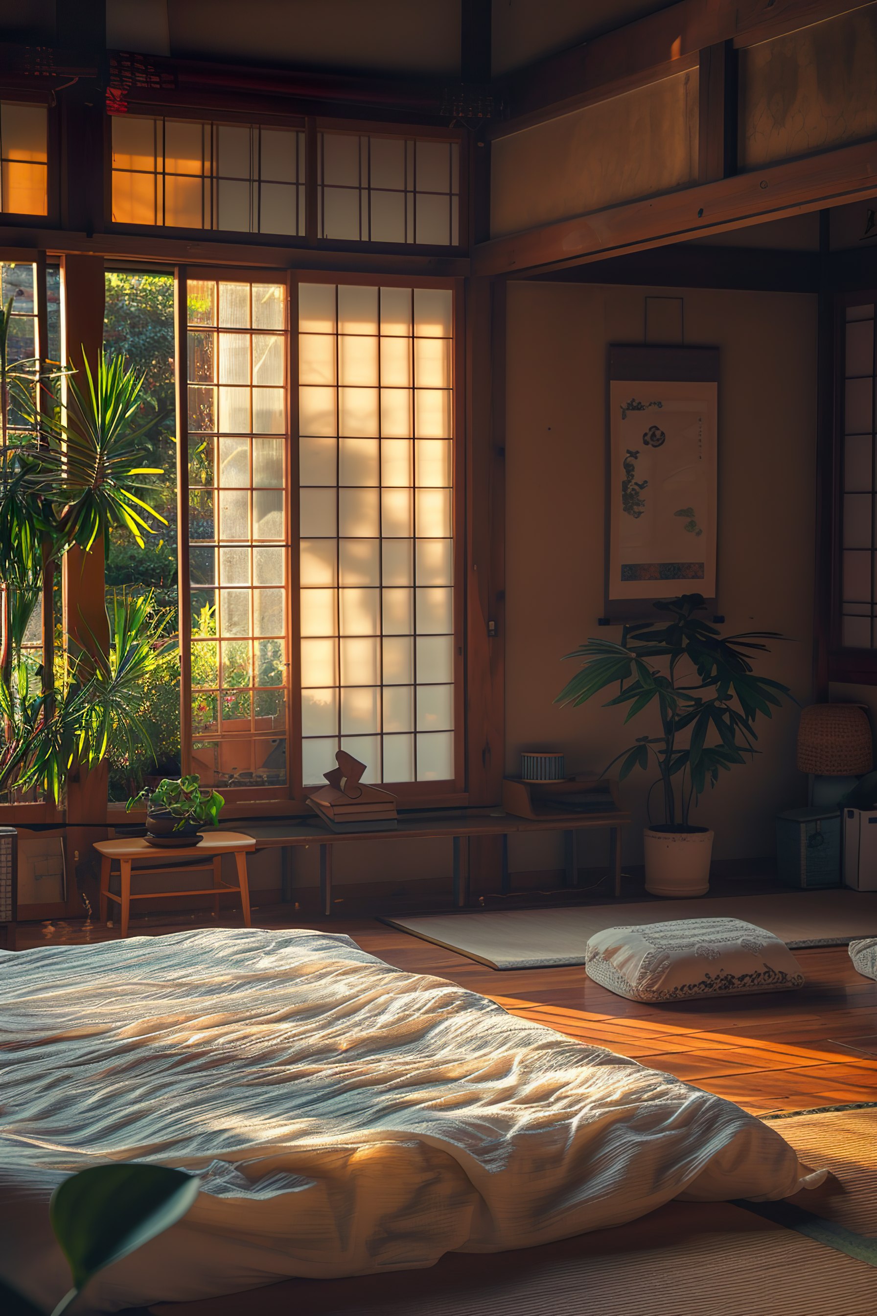 Traditional Japanese room with tatami floor, futon bed, and shoji doors, bathed in warm sunlight.
