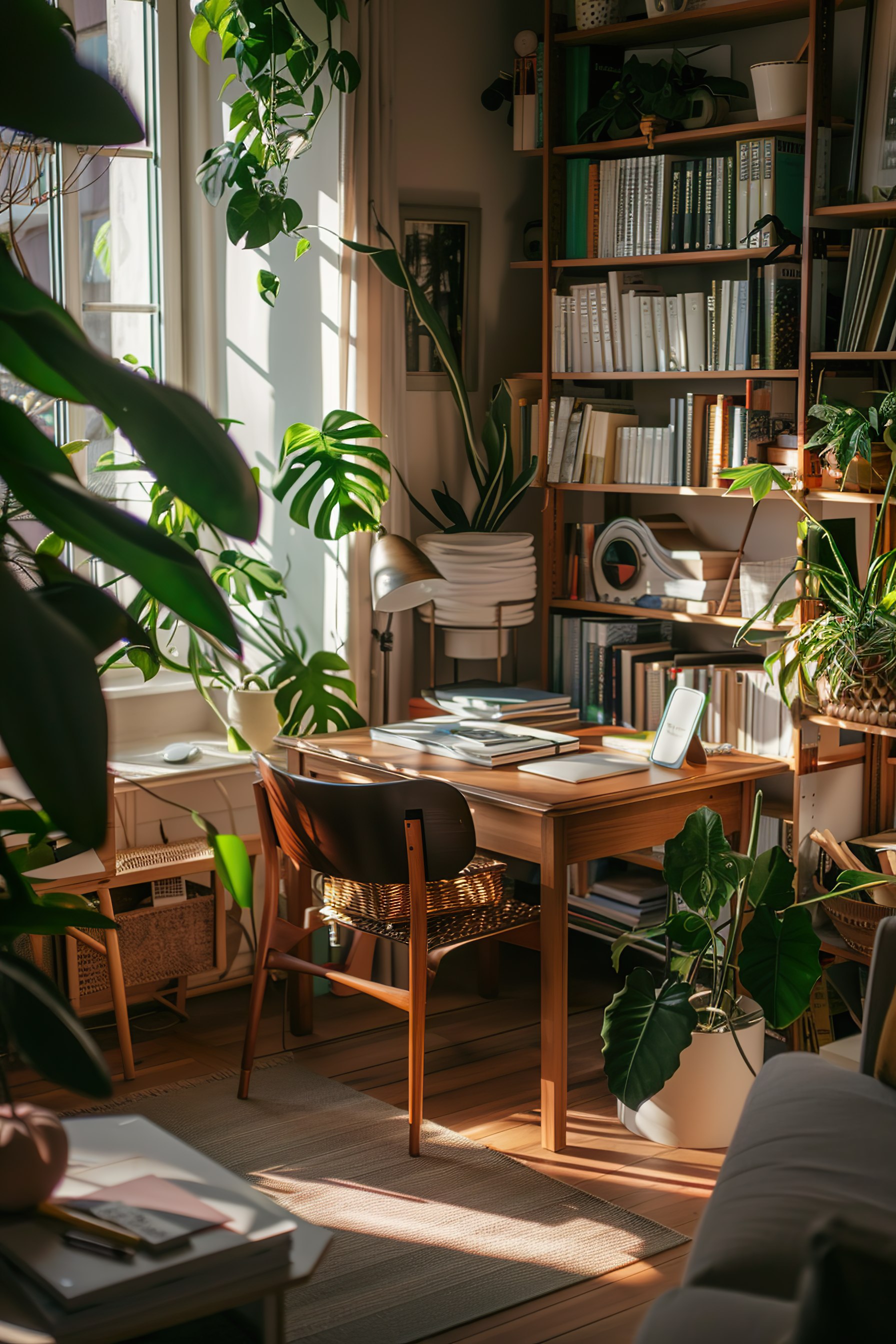 A cozy home study filled with plants, sunlight filtering through windows, a wooden desk and shelves stacked with books.