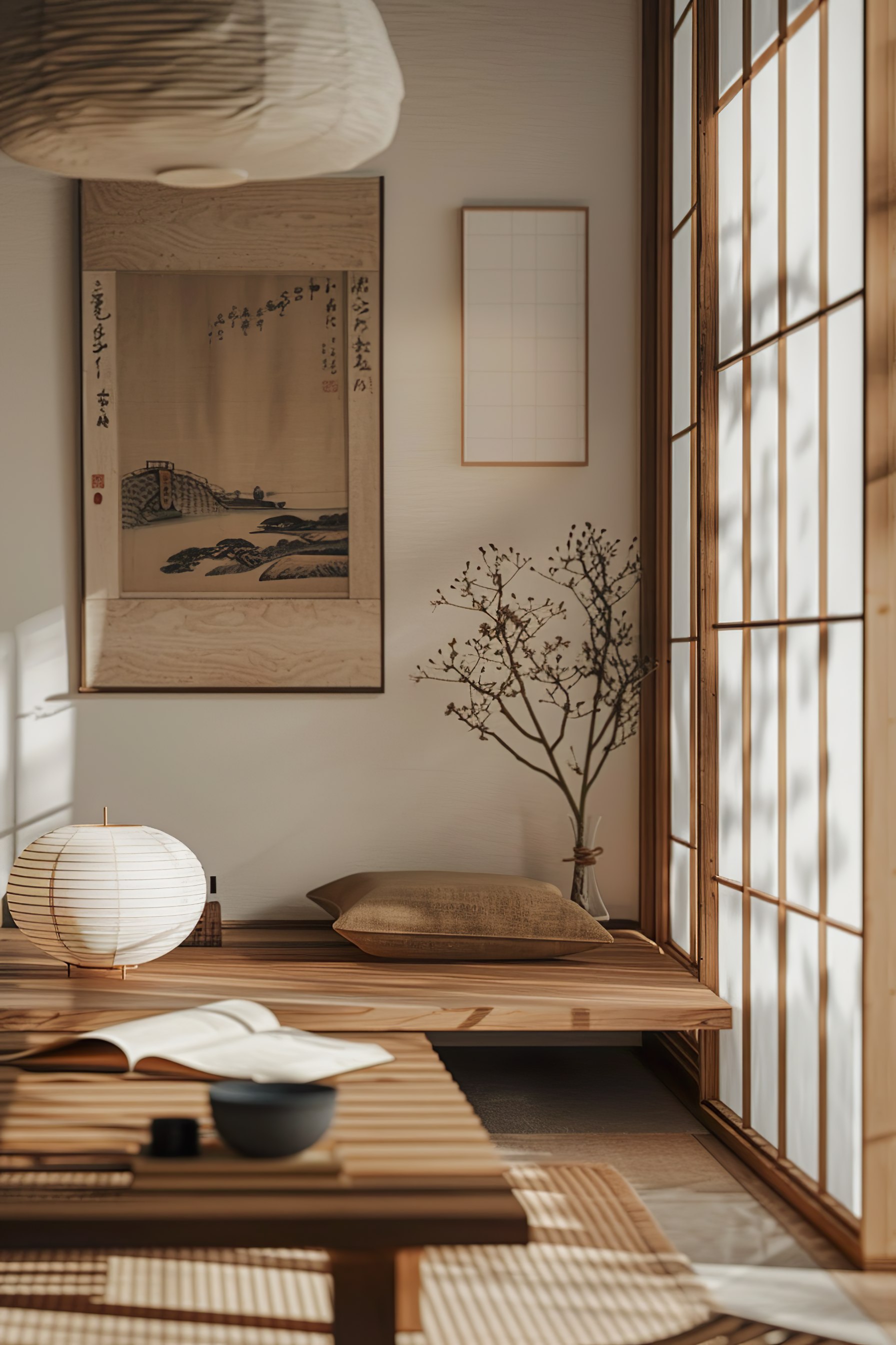 A serene Japanese-style room with tatami flooring, shoji doors, traditional artwork, a low table with a book, and a hanging paper lantern.