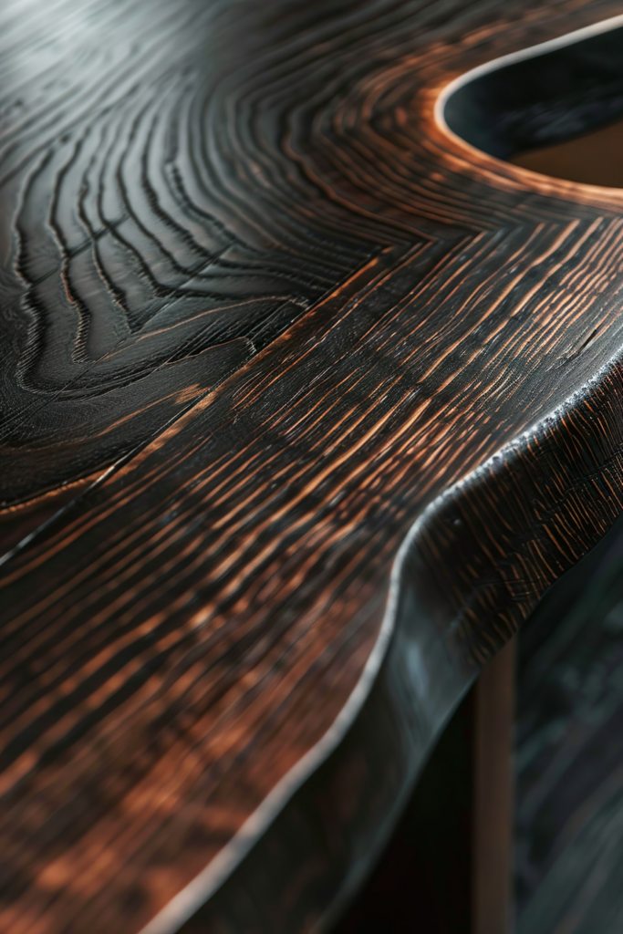 Close-up of a dark wooden table with distinctive grain patterns and a smooth, polished surface.