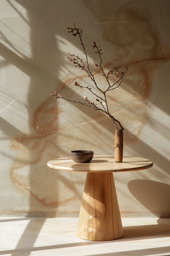 A serene setting with a wooden table holding a vase and bare branch, bathed in warm sunlight against a marbled background.
