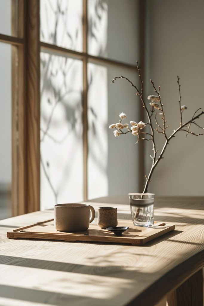 A serene setting featuring a cup of coffee, a small cup, a glass of water on a wooden tray beside a vase with delicate flowers, with sunlight casting soft shadows.