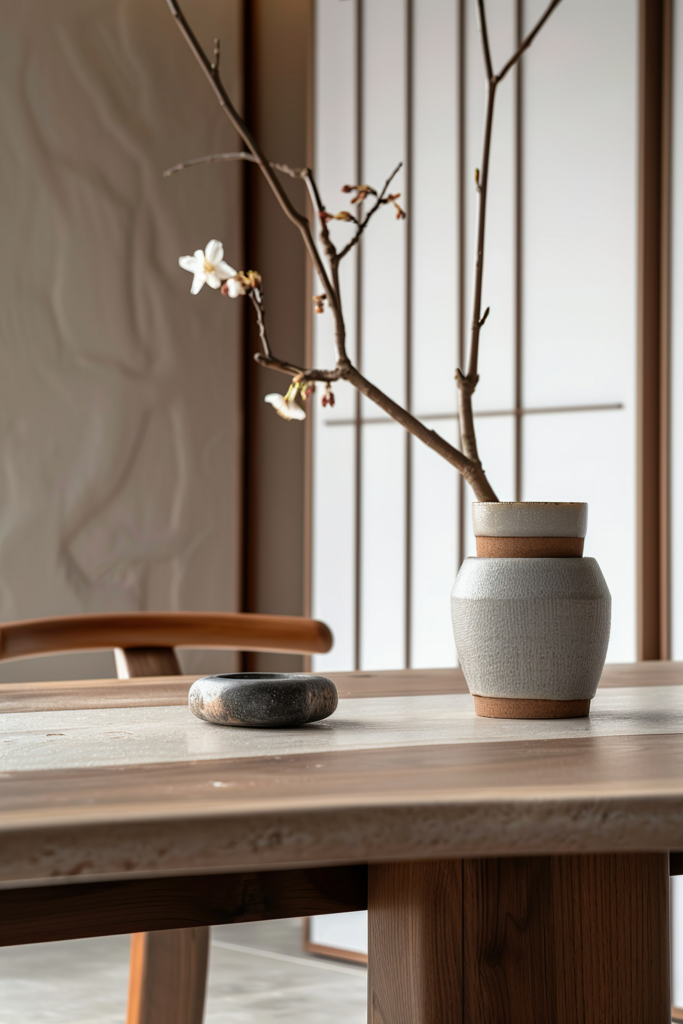 A minimalist interior with a textured vase and a stone on a wooden table, accompanied by a single blooming branch in soft natural light.