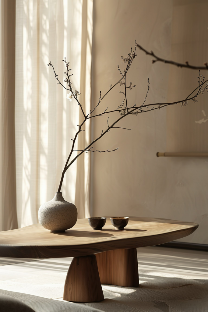 A serene interior with sunlight filtering through sheer curtains, highlighting a wooden table with a textured vase and delicate branches.