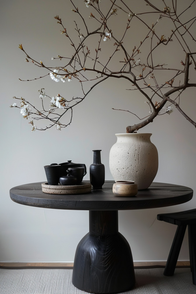 Alt text: A serene indoor setting with a round black table displaying a large textured vase with delicate branches and blossoms, accompanied by dark ceramic wares.